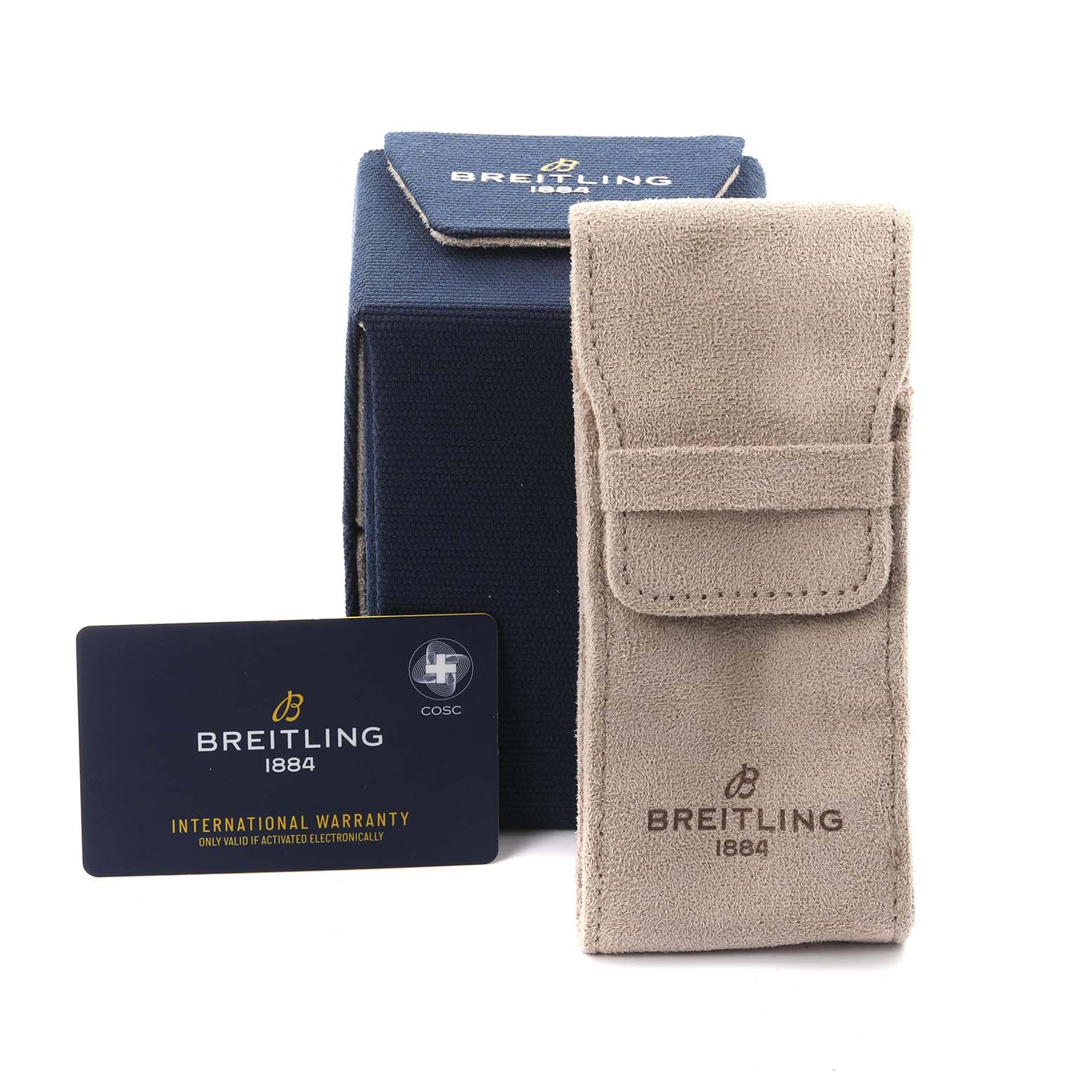 The image shows a Breitling Superocean A17366 Men
s Stainless Steel Black Dial A17366 Men
s Stainless Steel Black Dial watch box, suede pouch, and international warranty card.