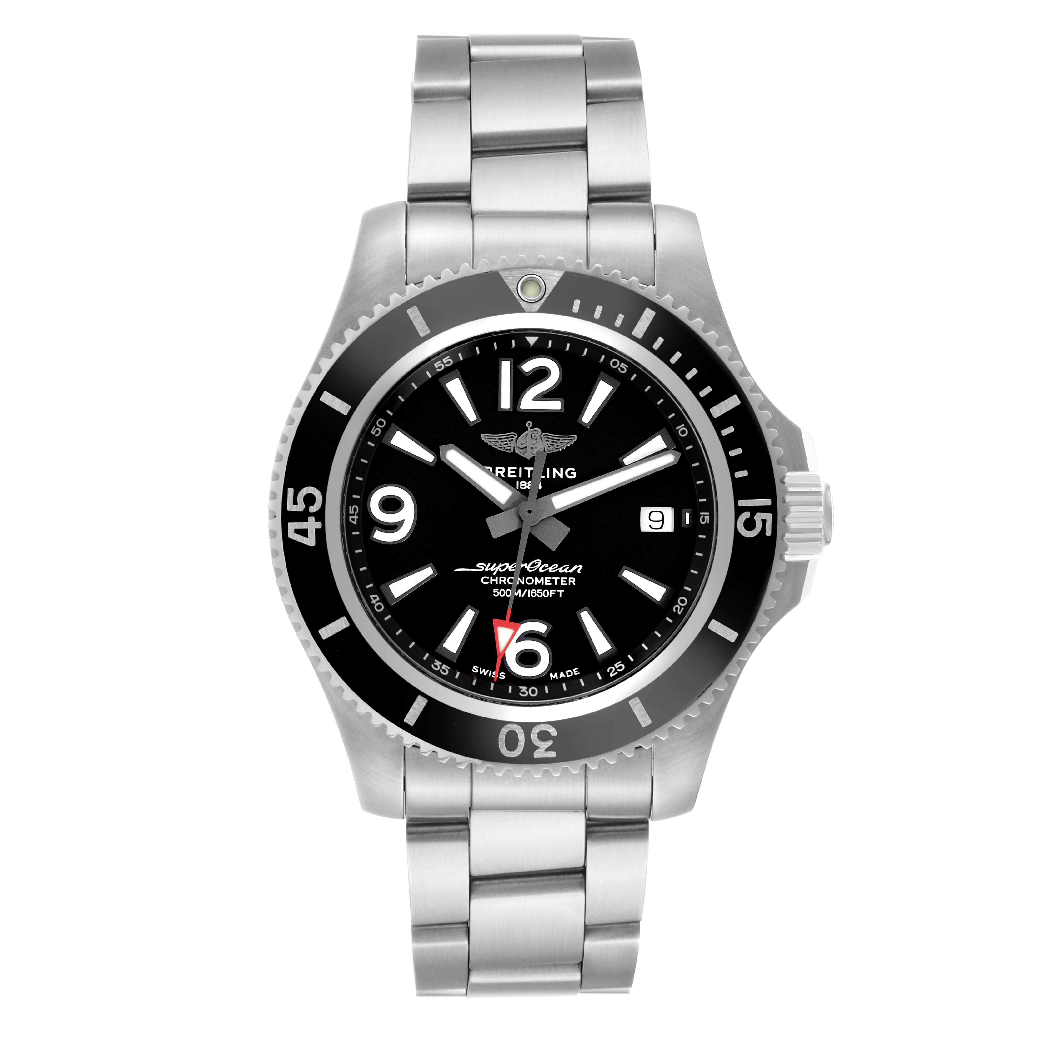 The Breitling Superocean A17366 Men
s Stainless Steel Black Dial A17366 Men
s Stainless Steel Black Dial watch is shown from a front angle, displaying the face, bezel, and metal bracelet.
