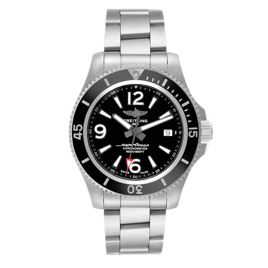 The Breitling Superocean watch is shown from a front angle, displaying the face, bezel, and metal bracelet.