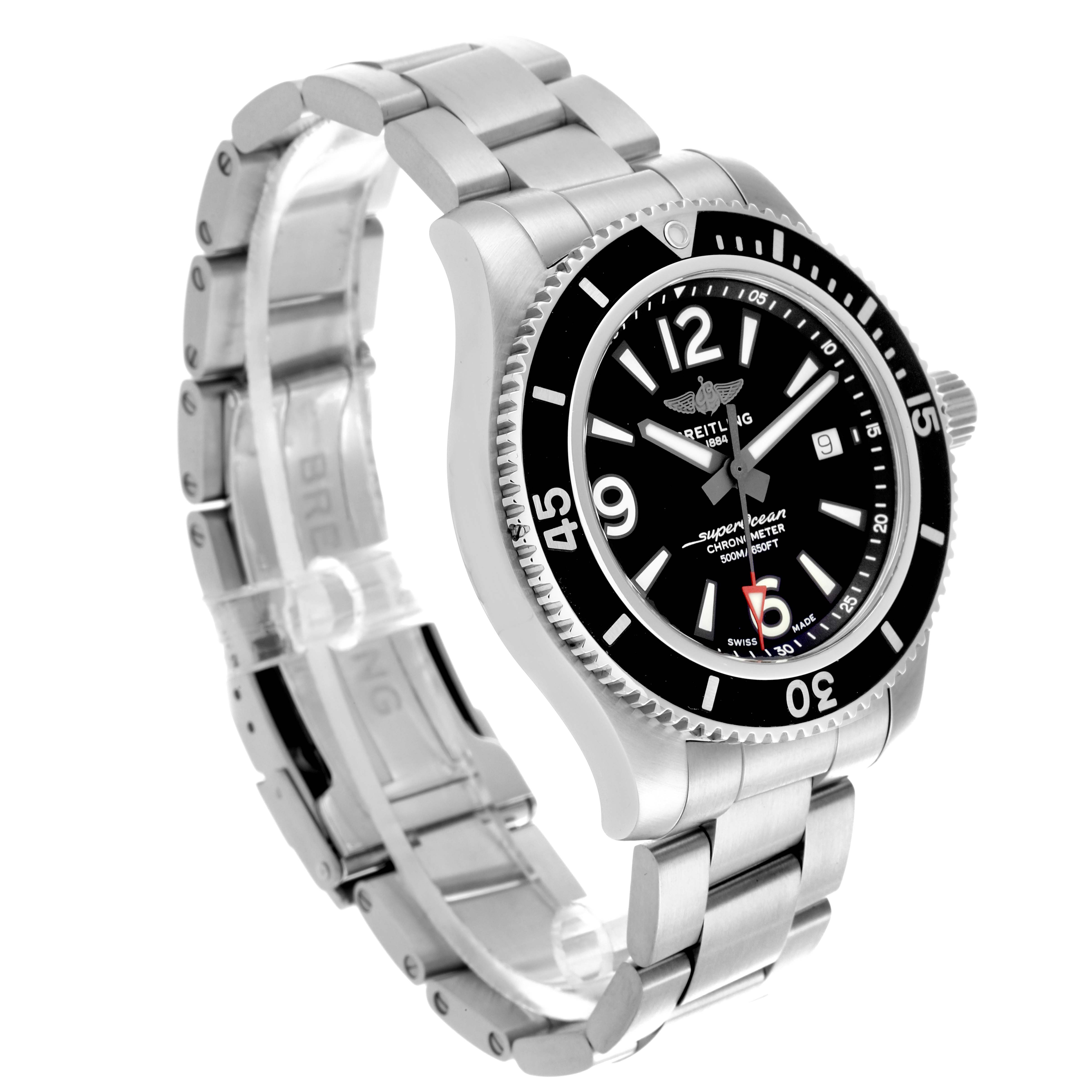The Breitling Superocean A17366 Men
s Stainless Steel Black Dial A17366 Men
s Stainless Steel Black Dial watch is shown at a slight angle, displaying its face, bezel, and metal bracelet.