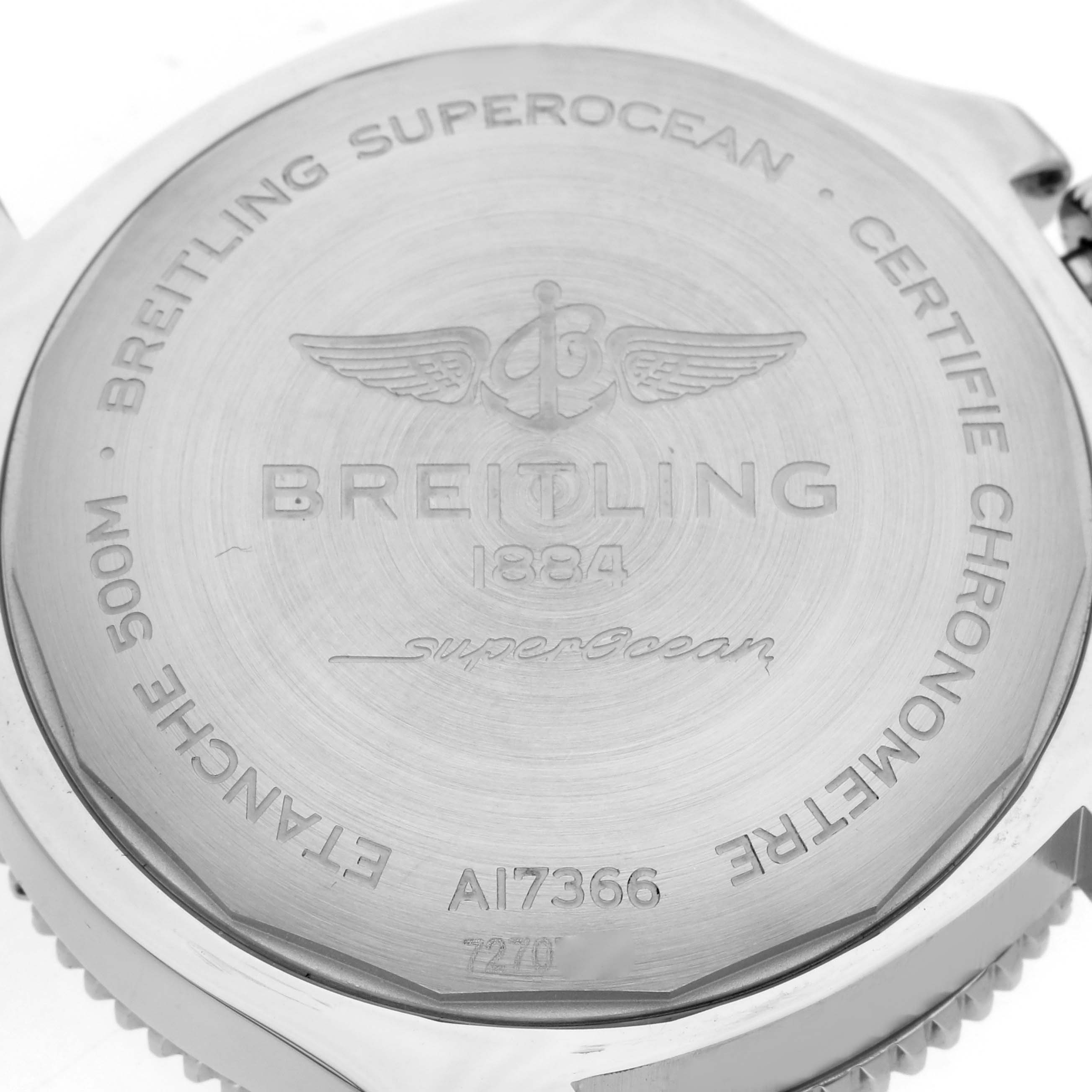 The image shows the back case of a Breitling Superocean A17366 Men
s Stainless Steel Black Dial A17366 Men
s Stainless Steel Black Dial watch with engraved details and logo.