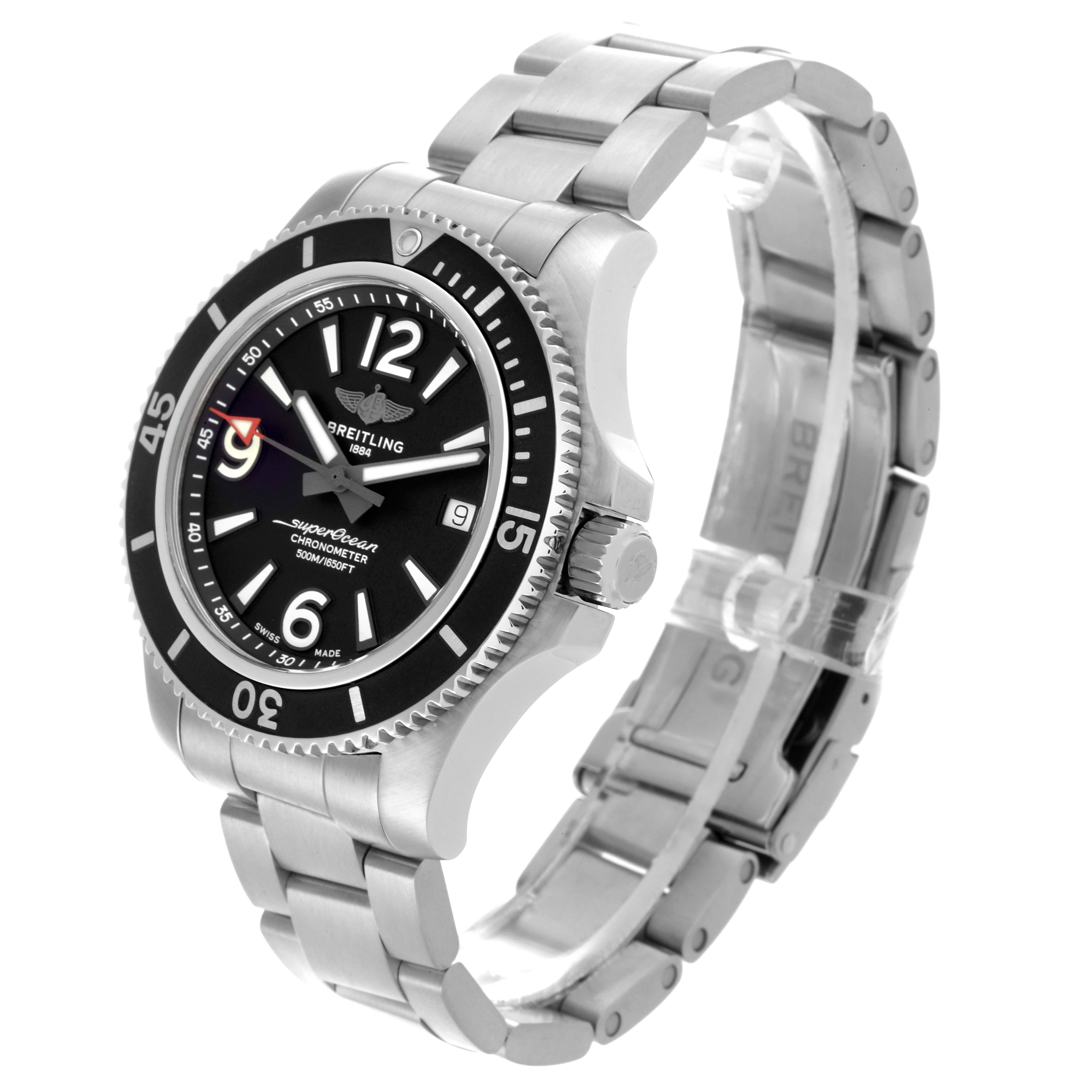 The Breitling Superocean A17366 Men
s Stainless Steel Black Dial A17366 Men
s Stainless Steel Black Dial watch is shown from a side angle, highlighting the dial, bezel, crown, and stainless steel bracelet.