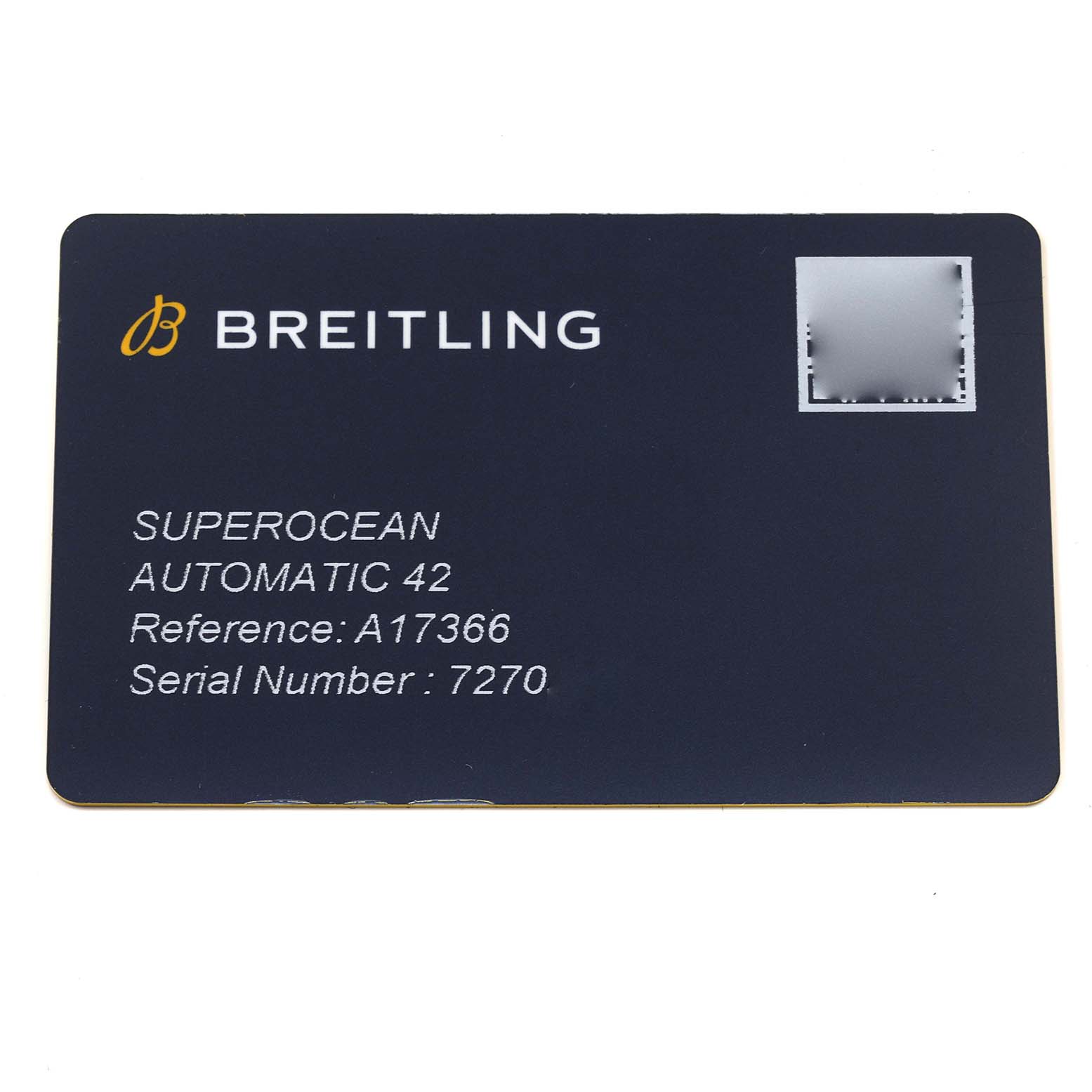 The image shows a Breitling Superocean A17366 Men
s Stainless Steel Black Dial A17366 Men
s Stainless Steel Black Dial warranty card with model details and a serial number.