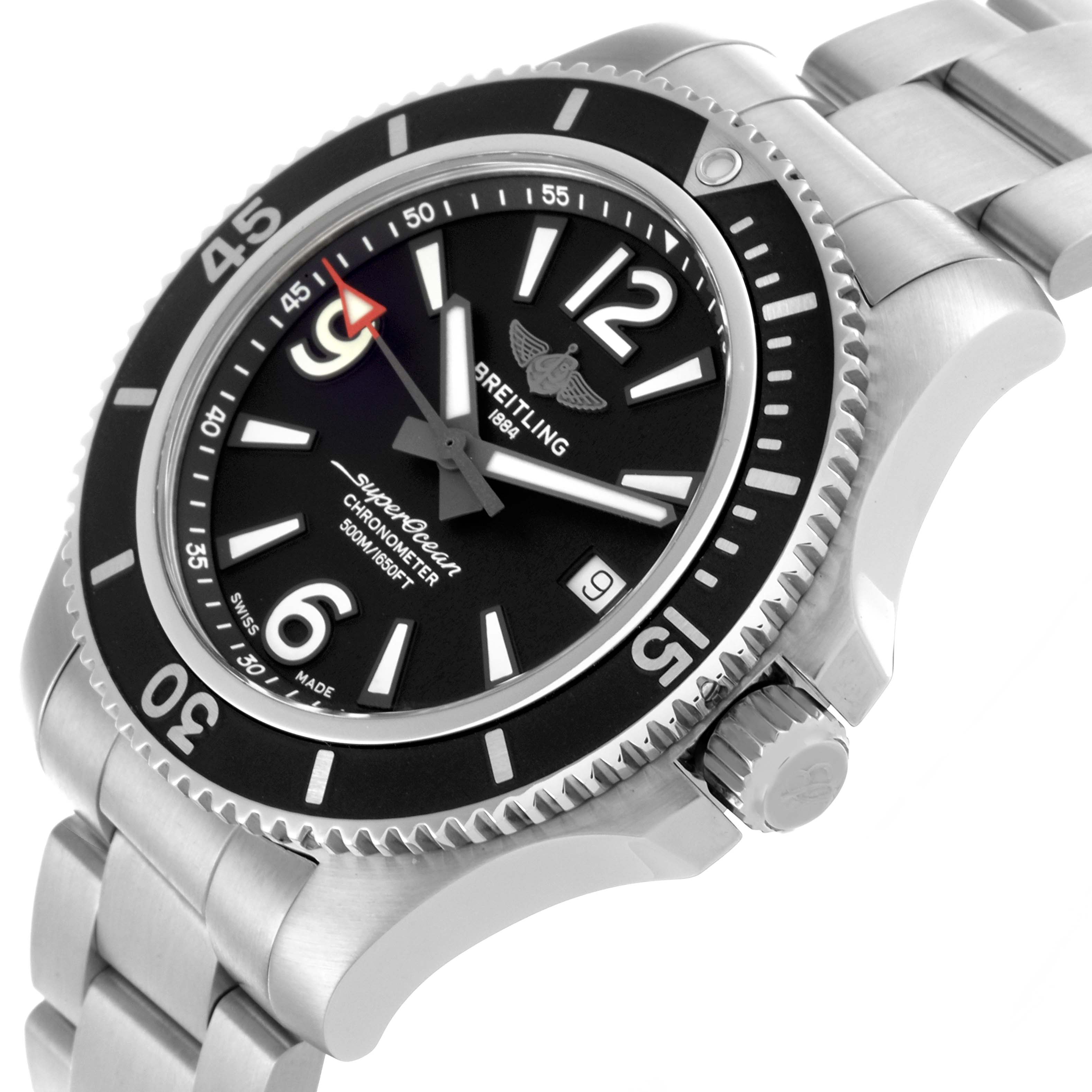 The Breitling Superocean A17366 Men
s Stainless Steel Black Dial A17366 Men
s Stainless Steel Black Dial watch is shown from an angled side view, displaying the face, bezel, crown, and bracelet.