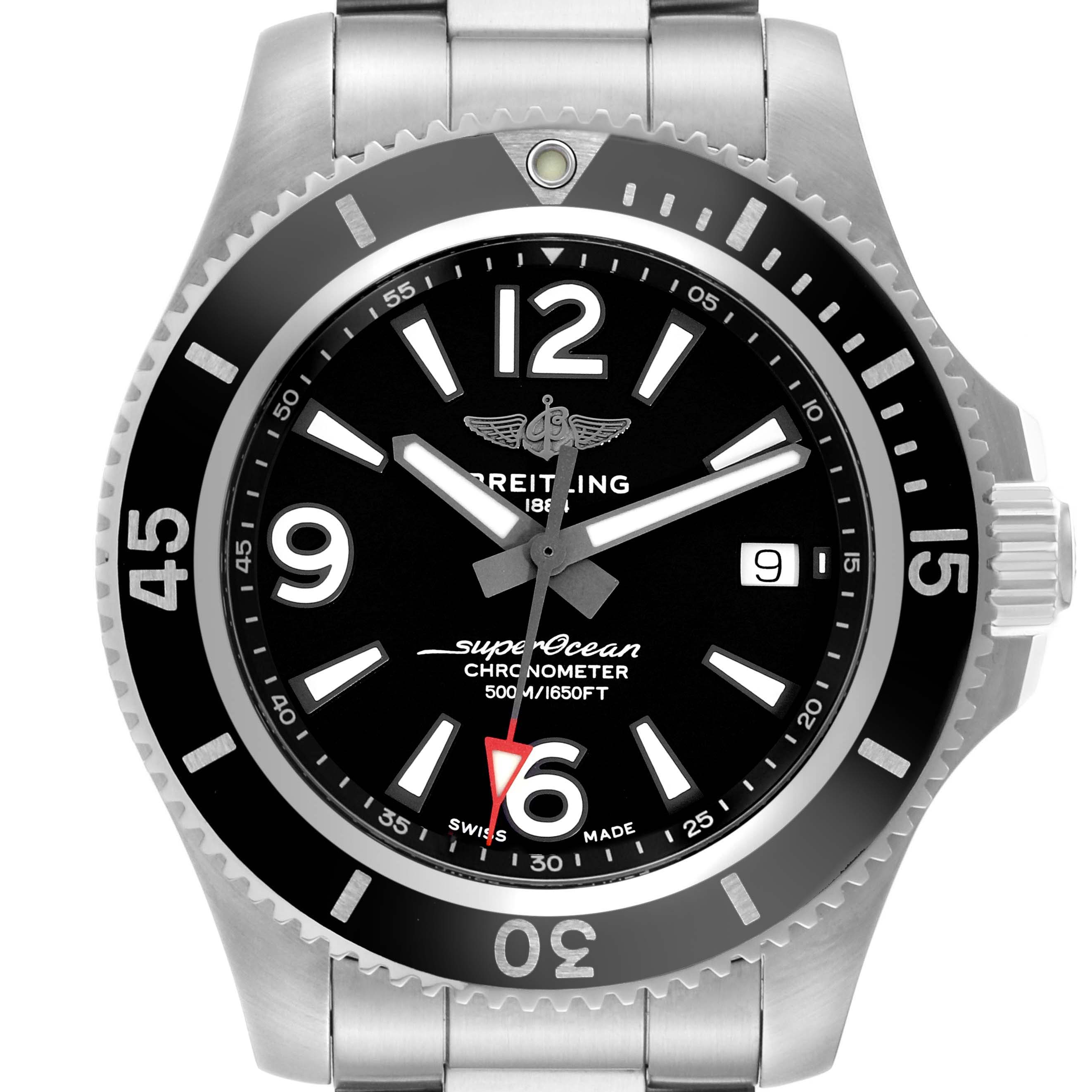 The Breitling Superocean A17366 Men
s Stainless Steel Black Dial A17366 Men
s Stainless Steel Black Dial watch is shown from a top-down angle, displaying the face, bezel, and part of the bracelet.
