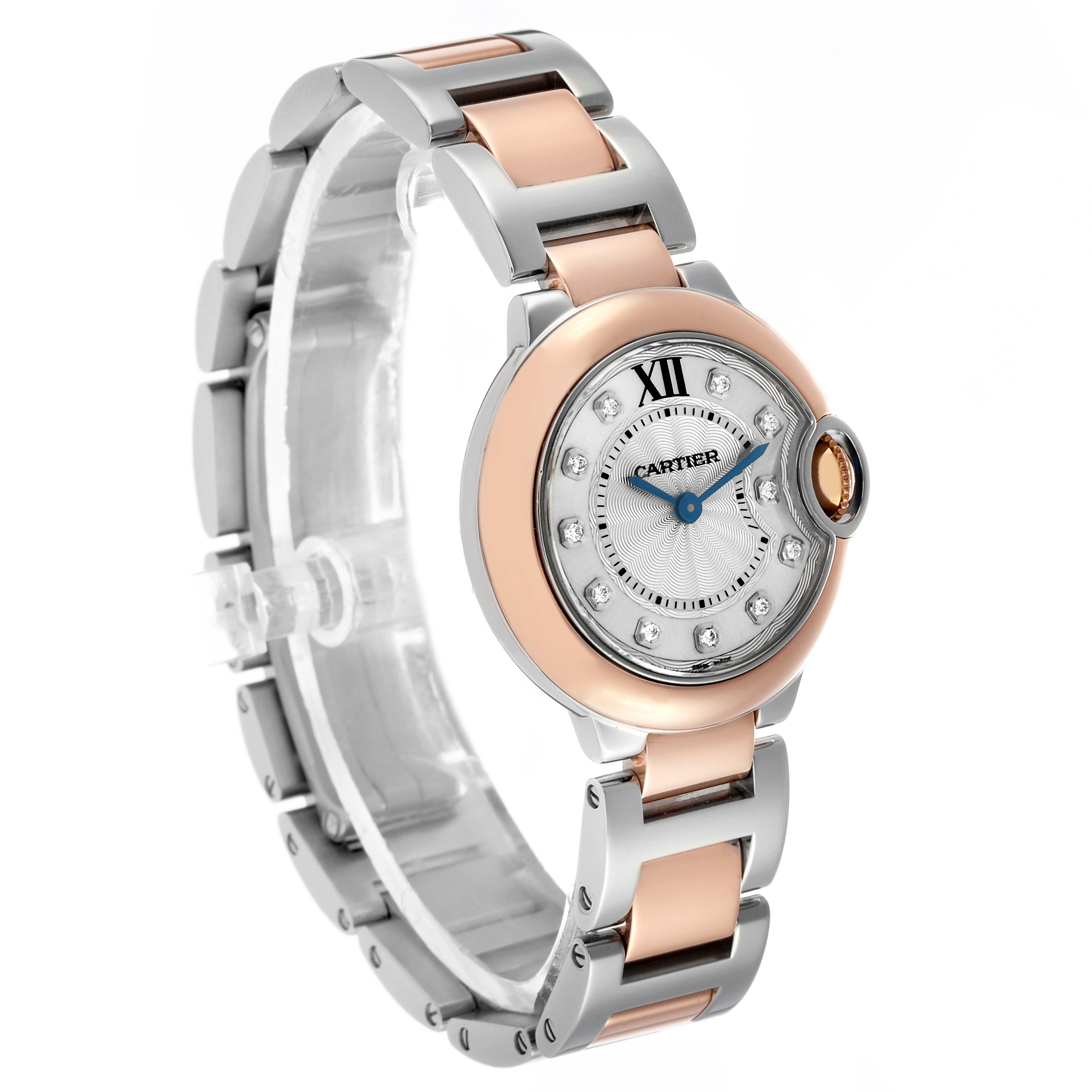 The Cartier Ballon Bleu W3BB0005 Women's Steel and Gold (two tone) Silver Dial watch is shown at an angled side view, highlighting its round case, bracelet, and prominent crown.