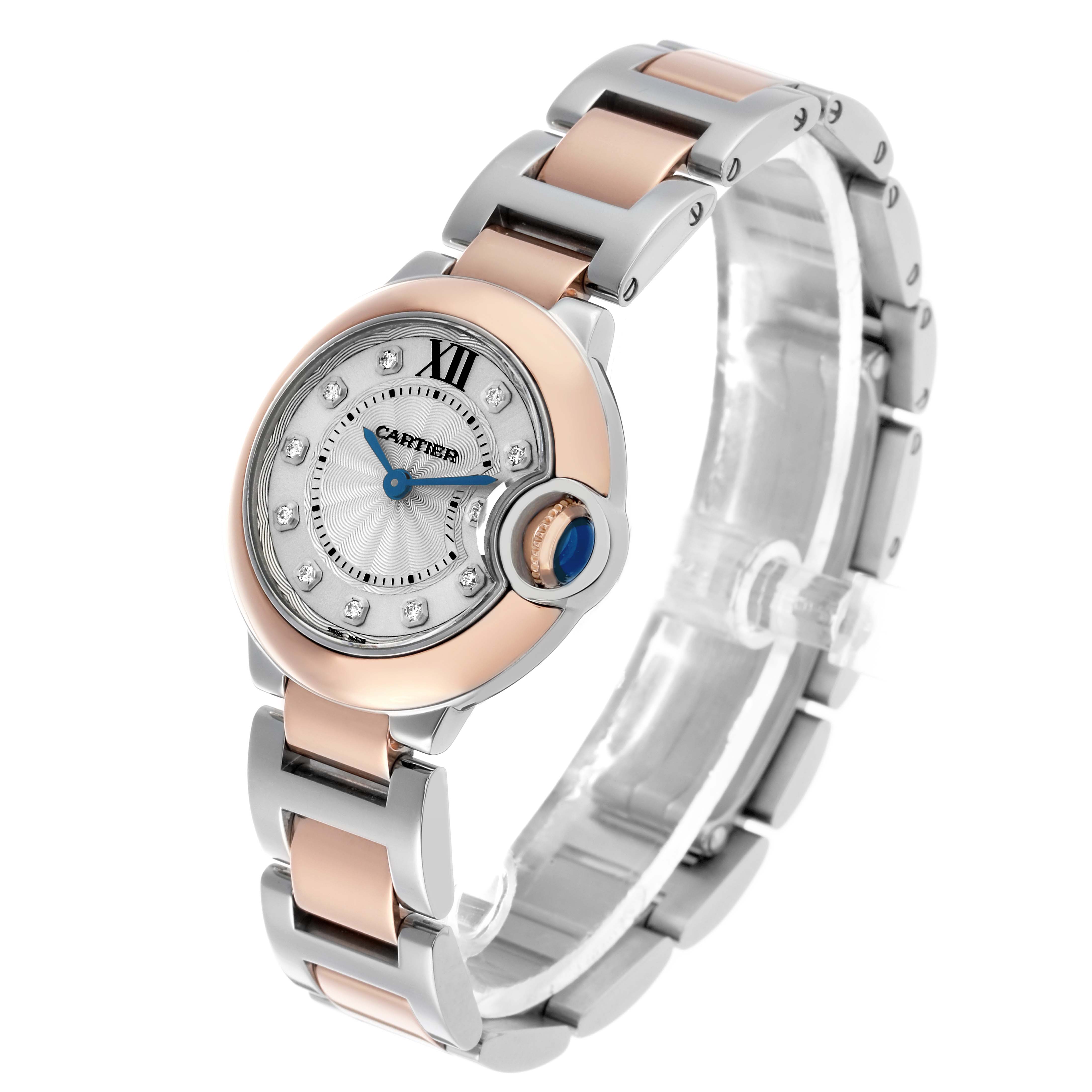 The Cartier Ballon Bleu W3BB0005 Women's Steel and Gold (two tone) Silver Dial watch is shown at a three-quarter angle, highlighting the face, crown, and two-tone bracelet.