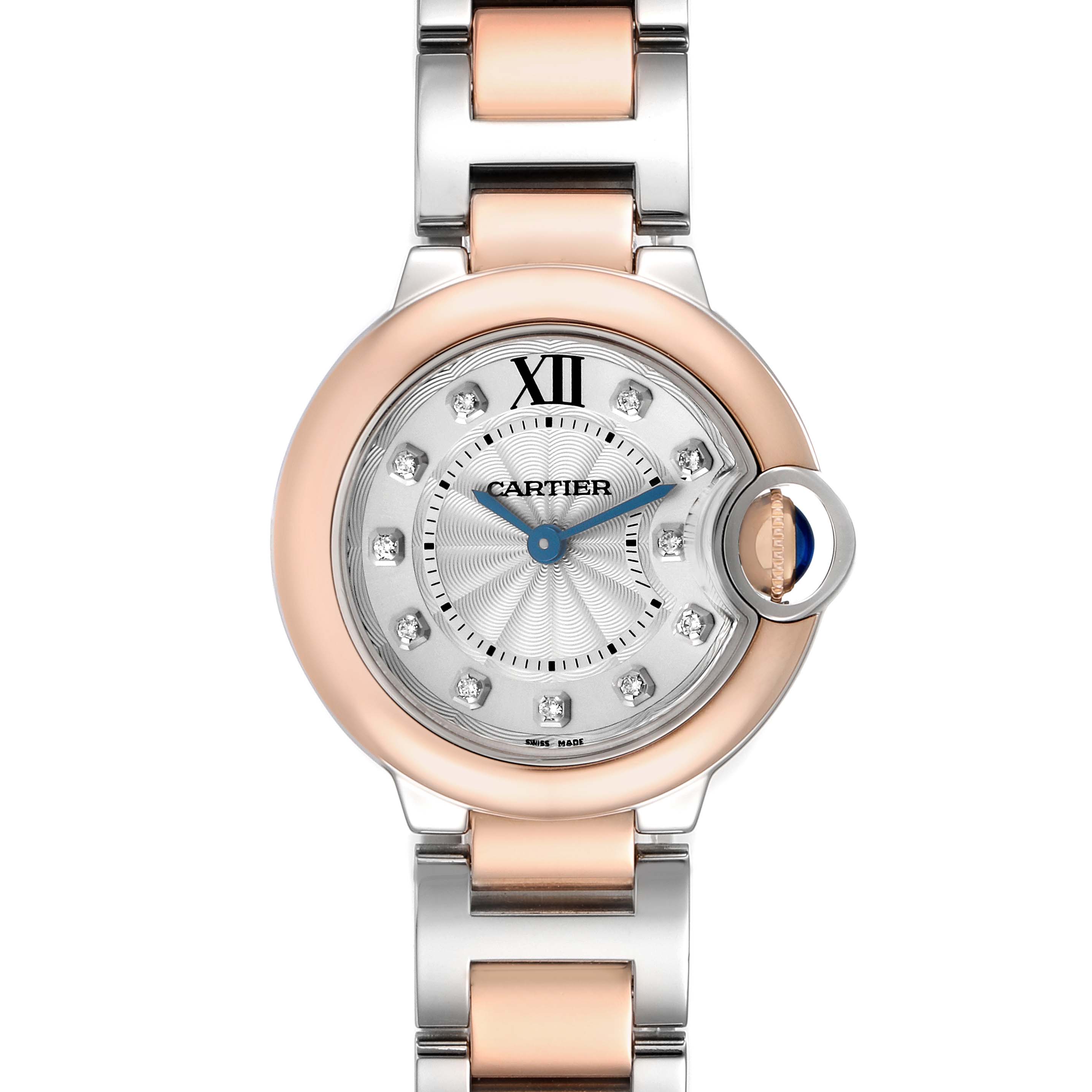 The Cartier Ballon Bleu W3BB0005 Women's Steel and Gold (two tone) Silver Dial watch is shown from a top-down angle, highlighting its dial, crown, and part of the bracelet.
