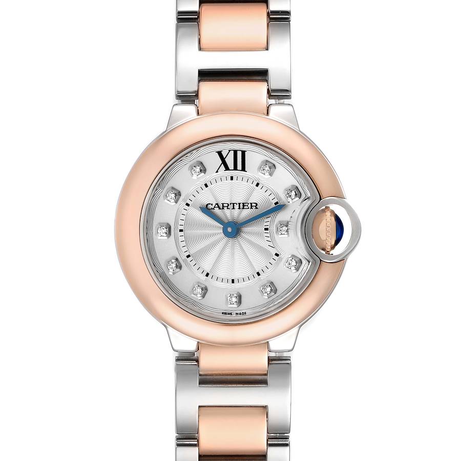 The Cartier Ballon Bleu W3BB0005 Women's Steel and Gold (two tone) Silver Dial watch is shown from a top-down angle, highlighting its dial, crown, and part of the bracelet.