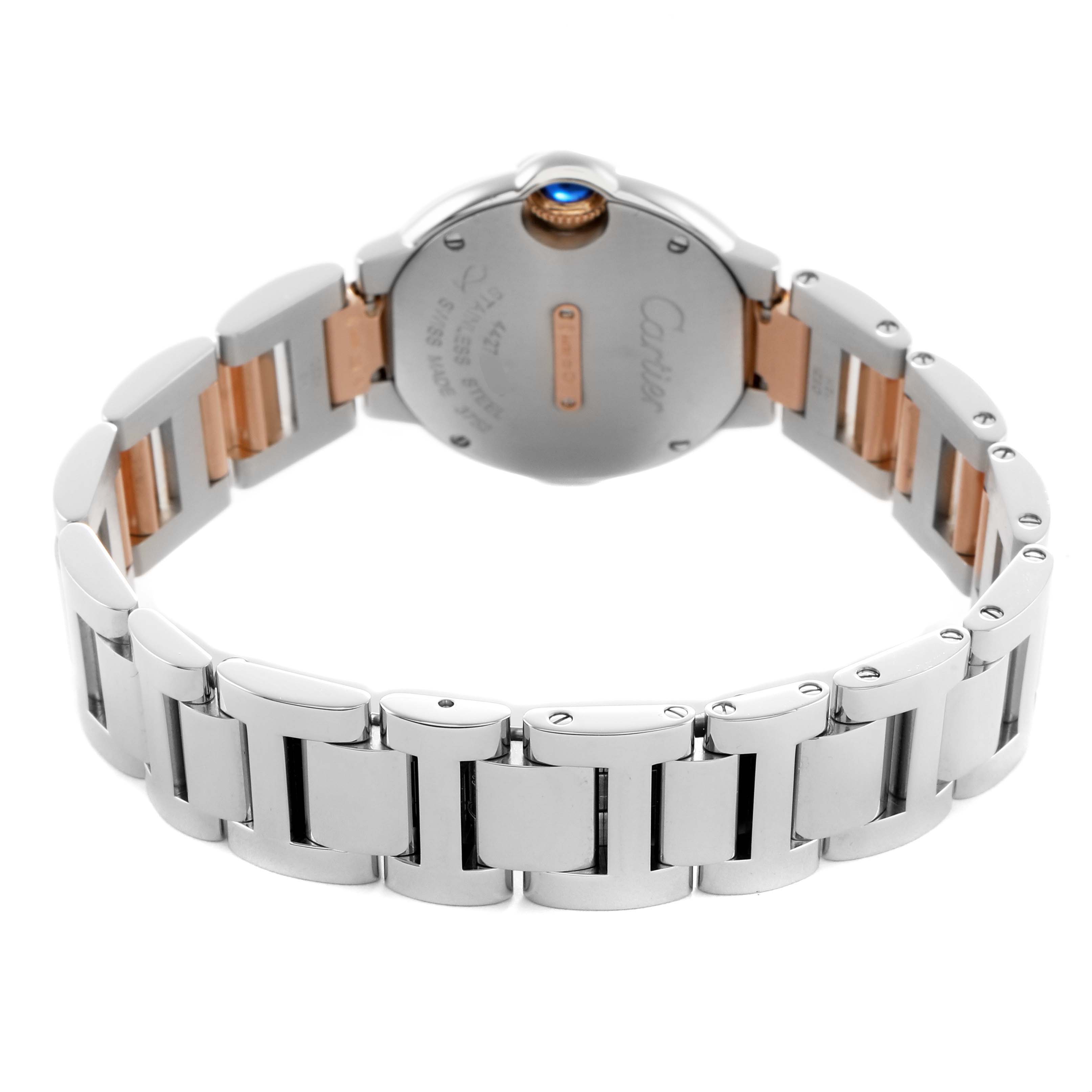 The image shows the back and bracelet of the Cartier Ballon Bleu W3BB0005 Women's Steel and Gold (two tone) Silver Dial watch at an angled rear view, highlighting the case and metal links.