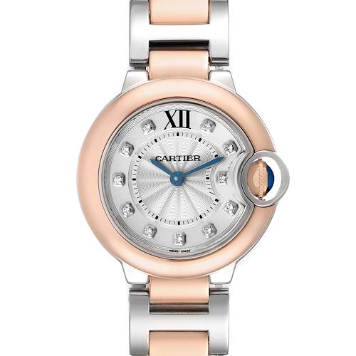 The Cartier Ballon Bleu W3BB0005 Women's Steel and Gold (two tone) Silver Dial watch is shown from a top view, highlighting its round face, Roman numeral, and bracelet links.