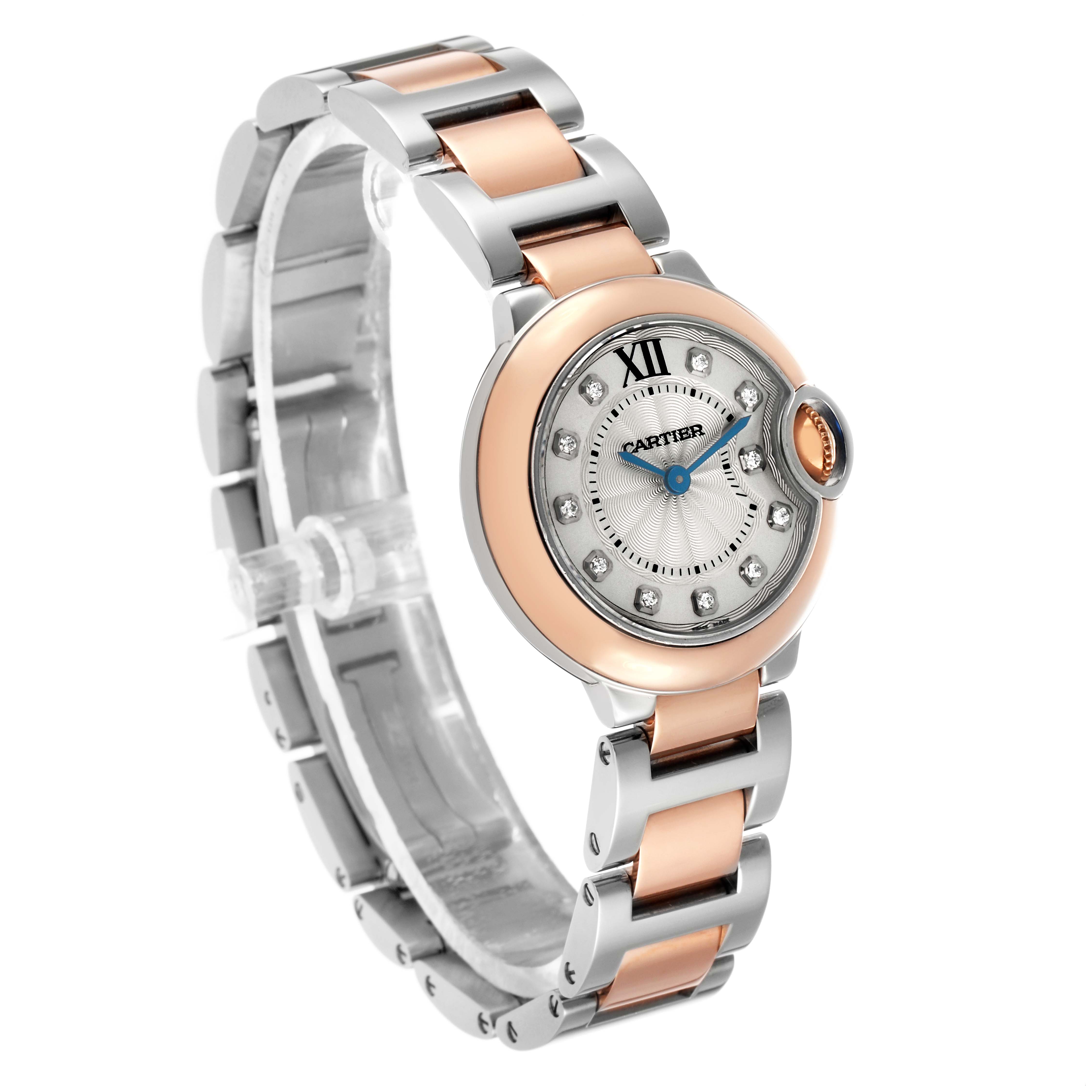 The Cartier Ballon Bleu W3BB0005 Women's Steel and Gold (two tone) Silver Dial watch is shown at a three-quarter angle, highlighting the face, bracelet, and crown.