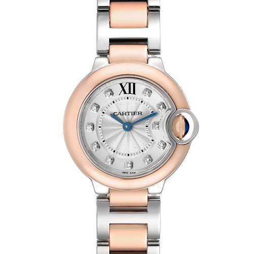 The Cartier Ballon Bleu W3BB0005 Women's Steel and Gold (two tone) Silver Dial watch is shown from the front, displaying the dial, hands, crown, and partial bracelet.
