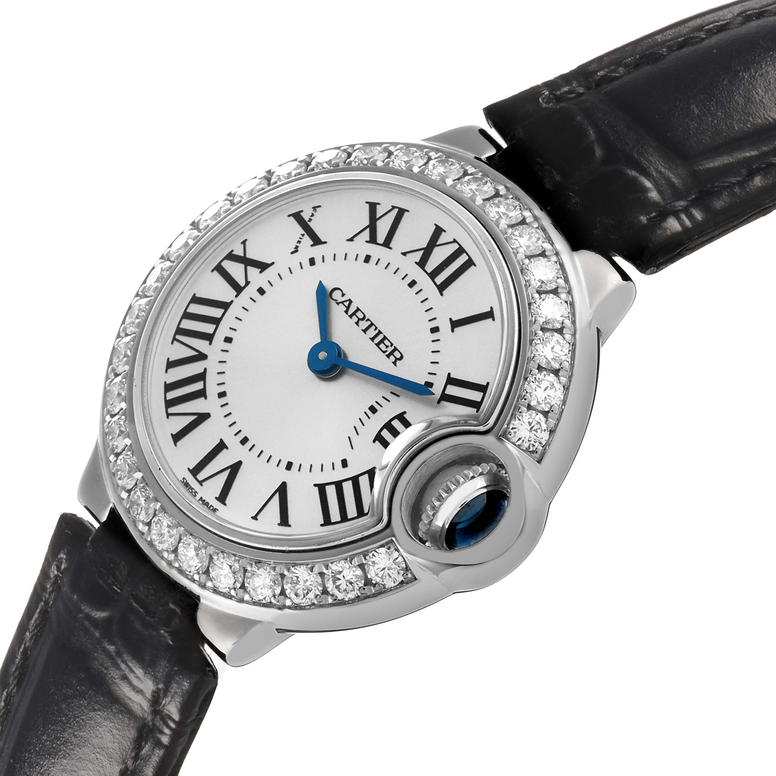 The Cartier Ballon Bleu WE900351 Women's White Gold Silver Dial watch is shown at a slight angle, highlighting its round case, diamond bezel, Roman numerals, and leather strap.