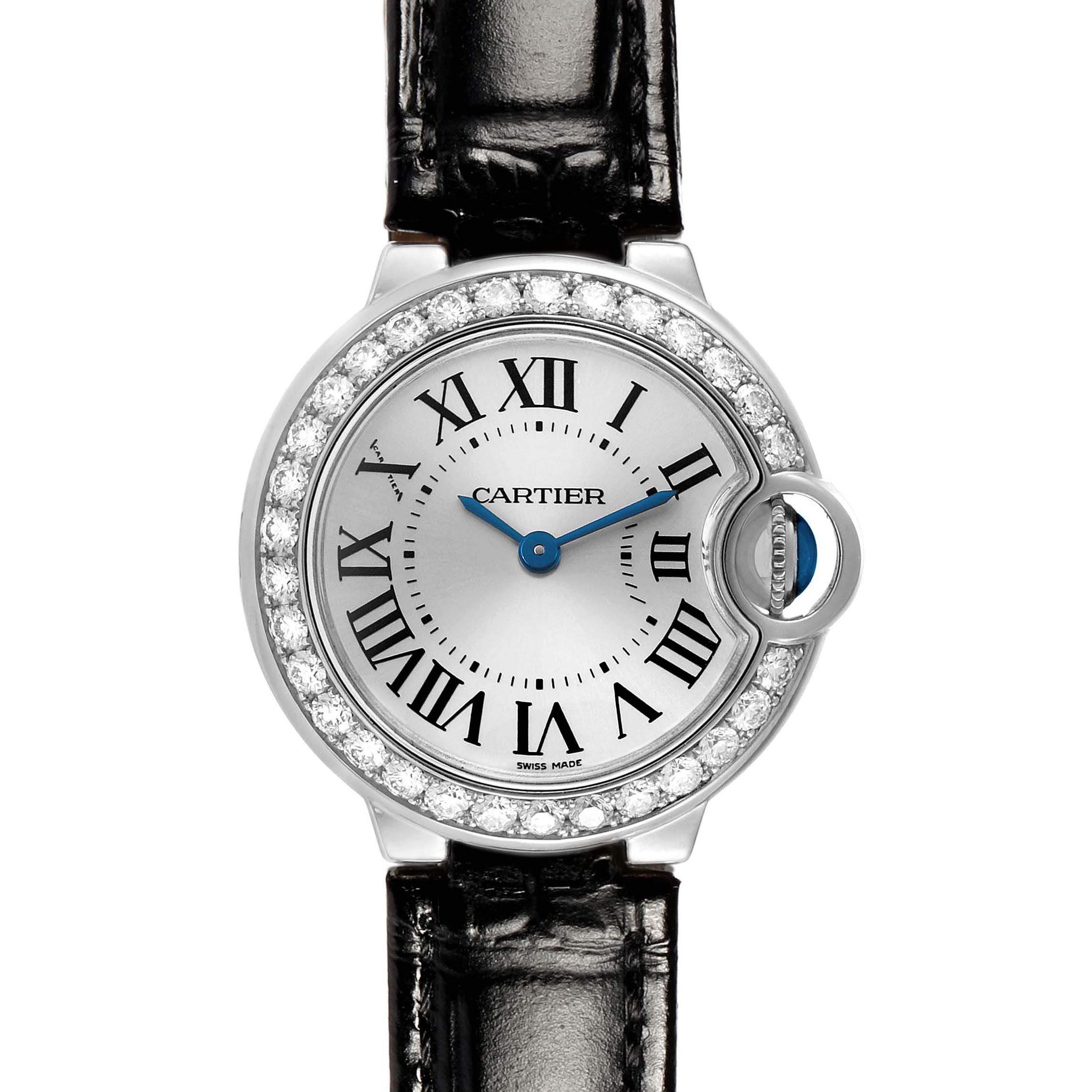 The Cartier Ballon Bleu WE900351 Women's White Gold Silver Dial watch is shown from a top-down angle, highlighting the face, bezel, and part of the strap.