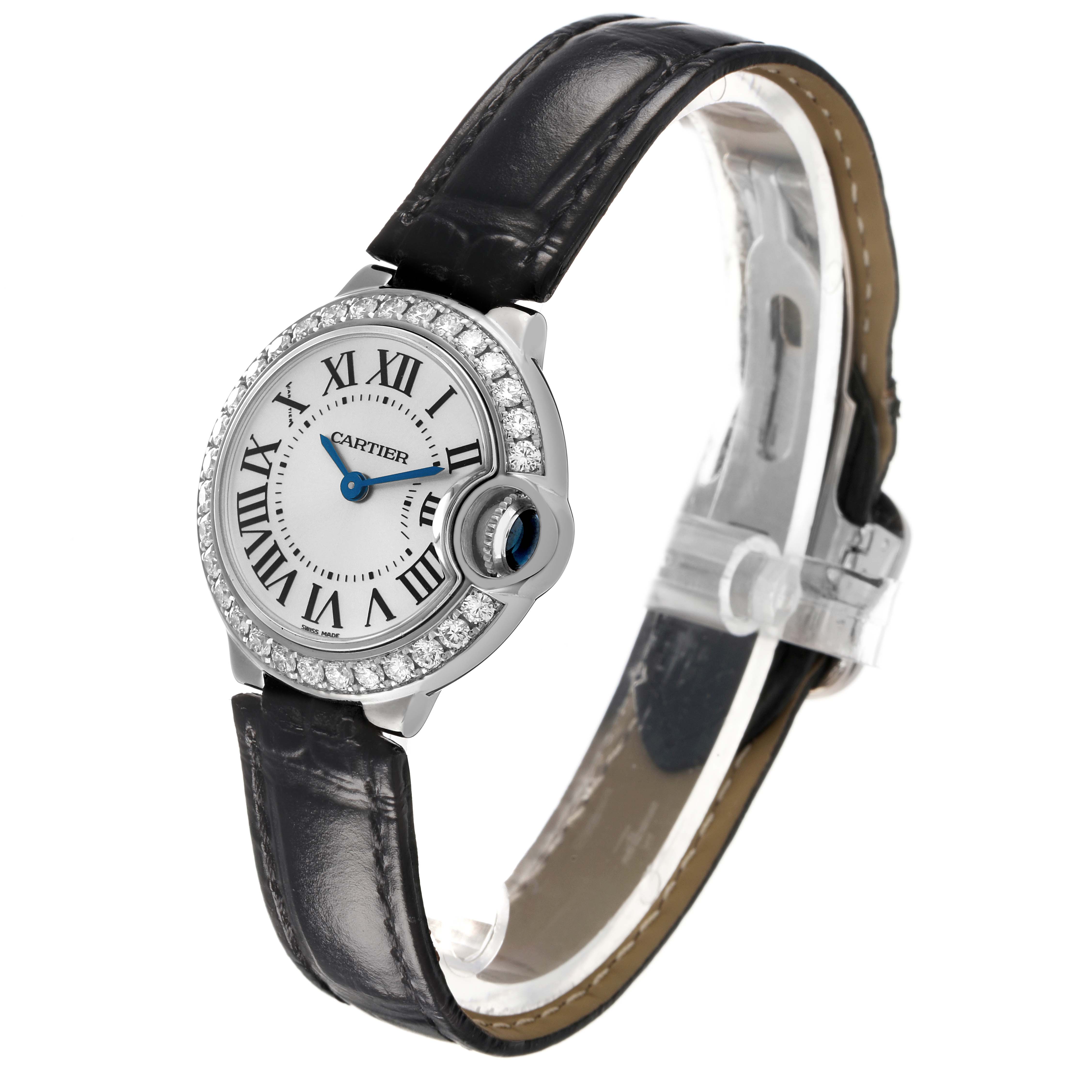 The Cartier Ballon Bleu WE900351 Women's White Gold Silver Dial watch is shown at a slight angle, highlighting the face, bezel, and strap.