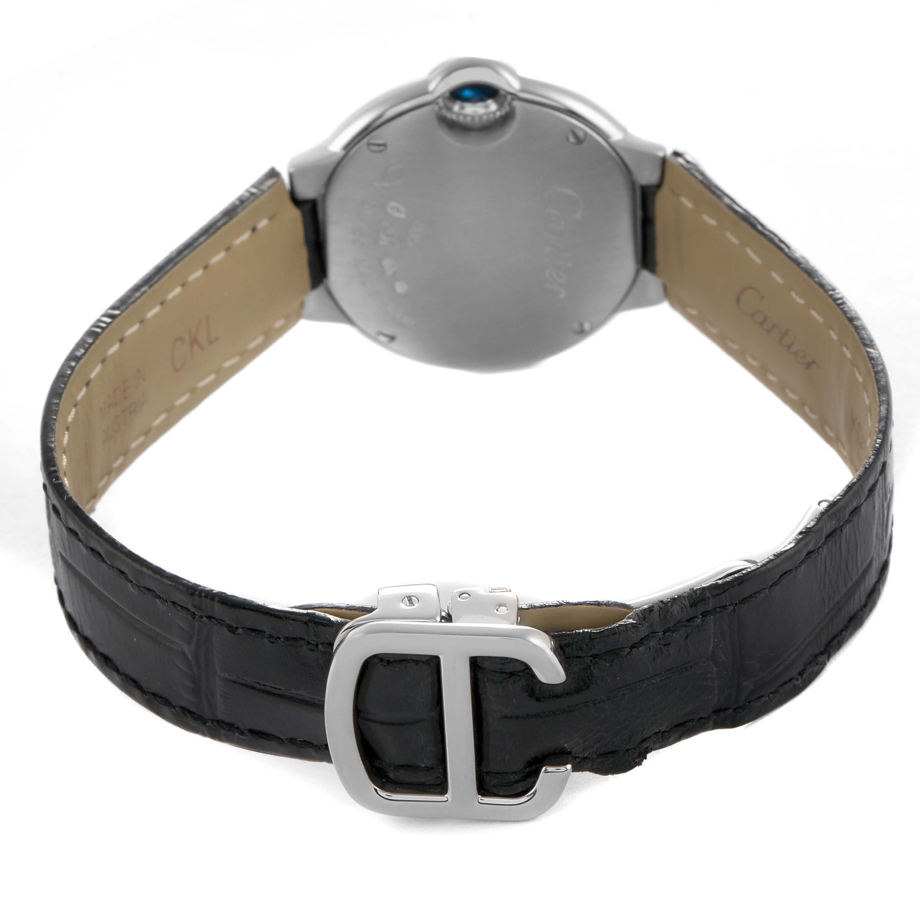 The image shows the back of the Cartier Ballon Bleu WE900351 Women's White Gold Silver Dial watch, focusing on the case back and leather strap with a clasp.