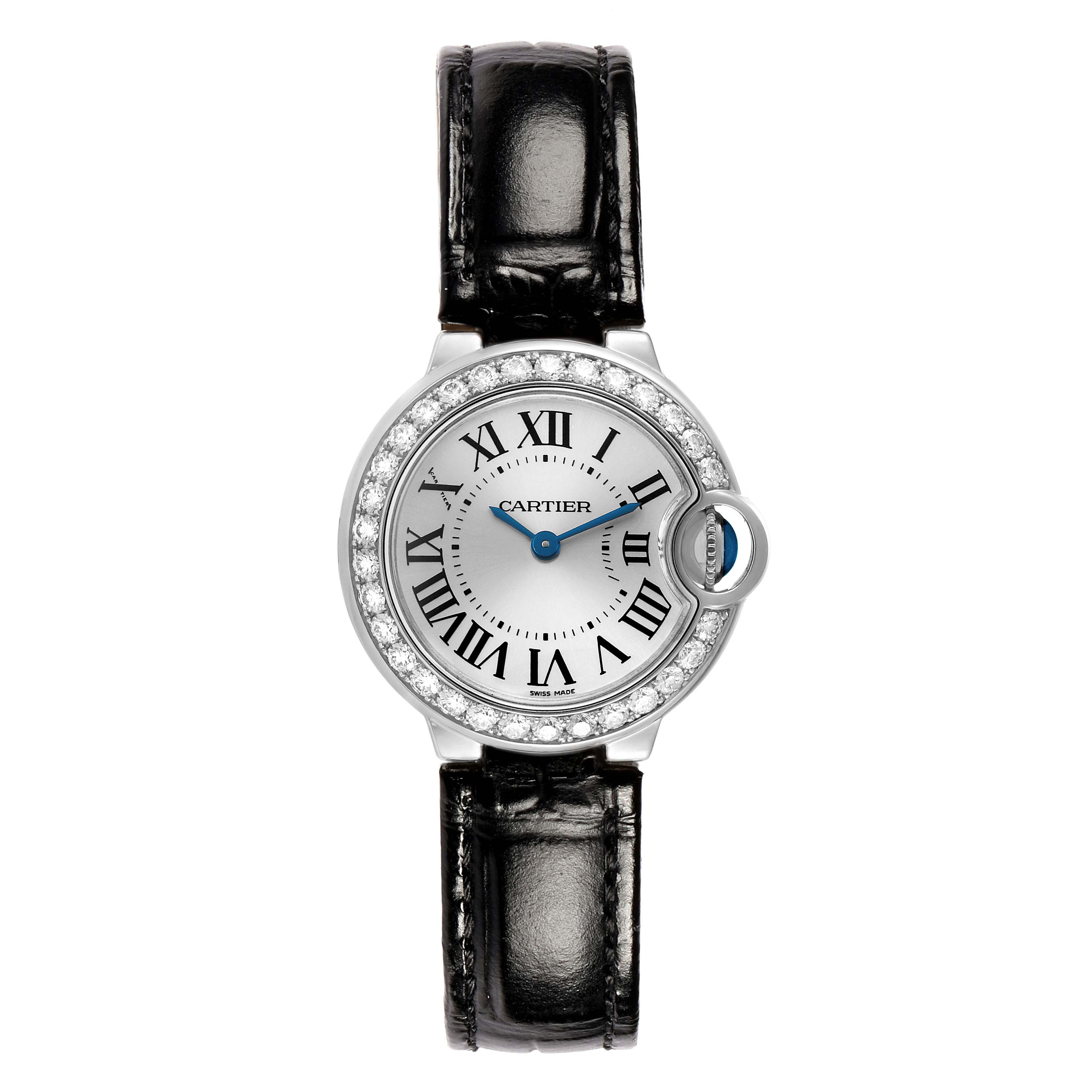 The Ballon Bleu by Cartier is shown from the front, highlighting its leather strap, gemstone bezel, and Roman numeral dial.