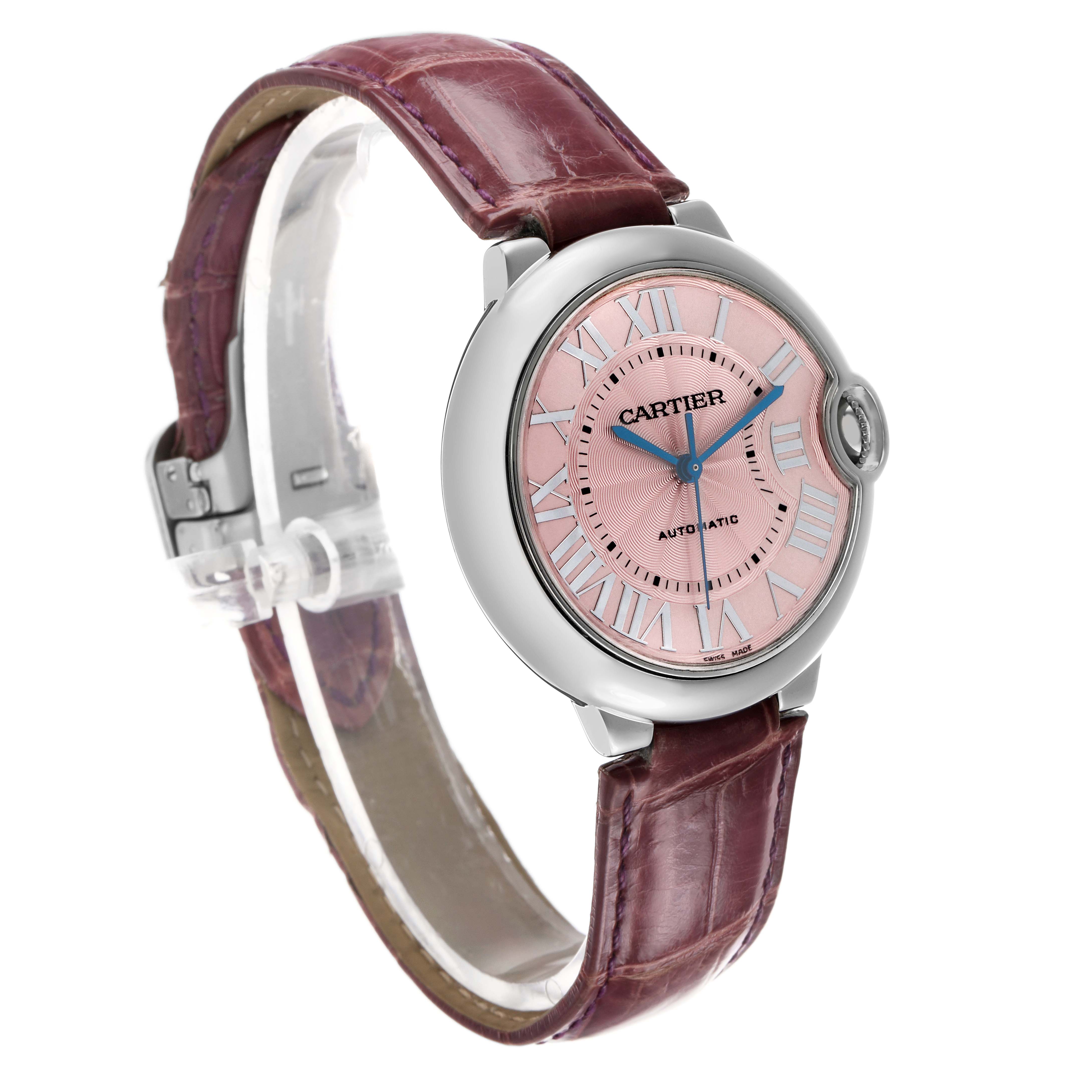 The Cartier Ballon Bleu WSBB0007 Women's Stainless Steel Pink Dial watch is shown at a three-quarter angle, displaying the face, crown, and strap.
