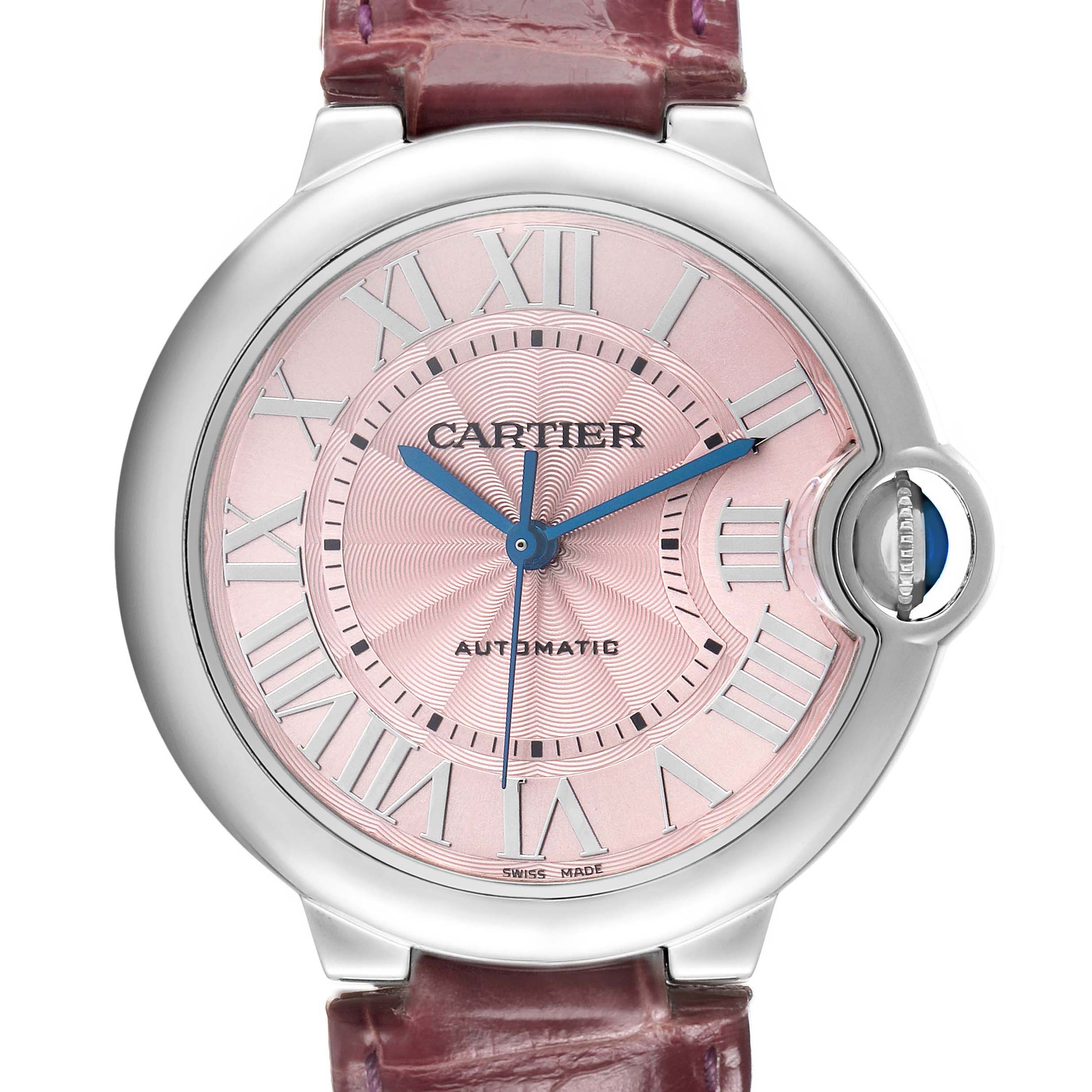 The Cartier Ballon Bleu WSBB0007 Women's Stainless Steel Pink Dial watch is shown from the front, highlighting its pink dial, Roman numerals, and distinctive blue hands.
