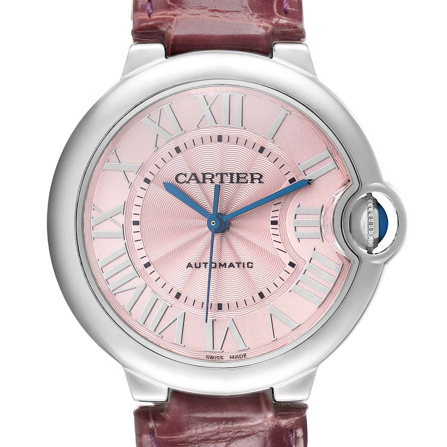 The Cartier Ballon Bleu WSBB0007 Women's Stainless Steel Pink Dial watch is shown from the front, highlighting its pink dial, Roman numerals, and distinctive blue hands.