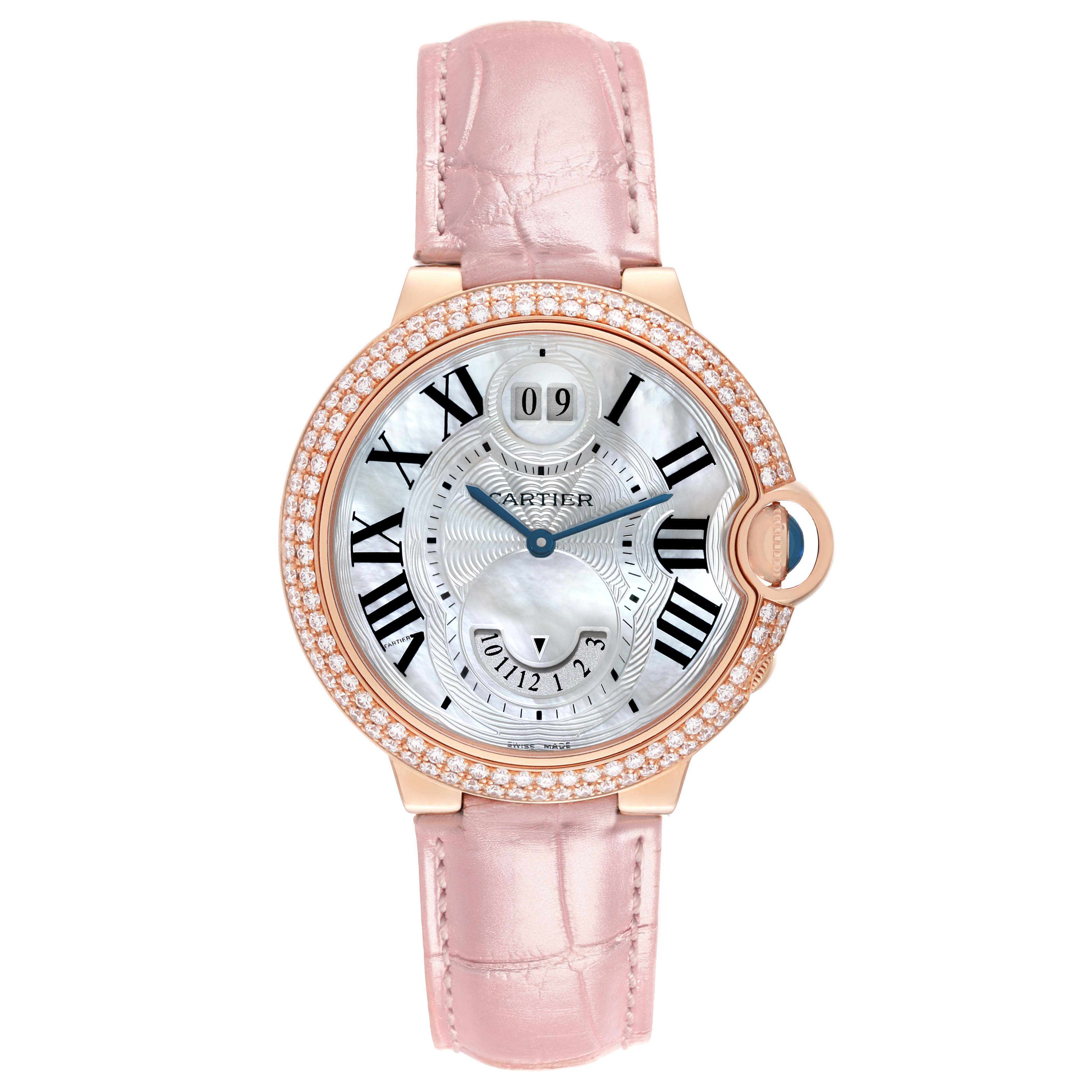 The Cartier Ballon Bleu WE902018 Women's Rose Gold Mother of Pearl Dial watch is shown from a top view, featuring a pink leather strap, diamond bezel, and Roman numeral dial.