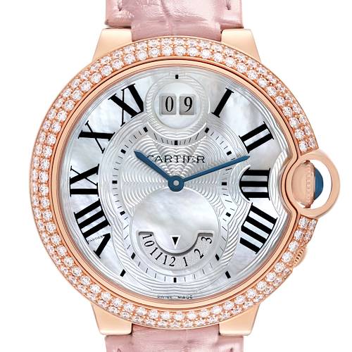 The Cartier Ballon Bleu WE902018 Women's Rose Gold Mother of Pearl Dial watch is shown from the front, highlighting its diamond-set bezel, Roman numerals, and intricate dial.
