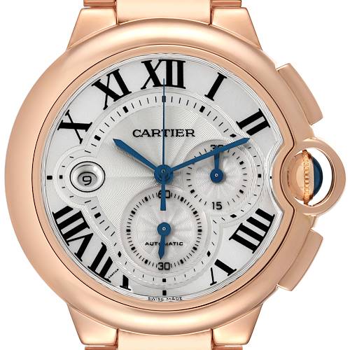 The Cartier Ballon Bleu watch is shown from the front, displaying its dial, Roman numerals, and signature crown.