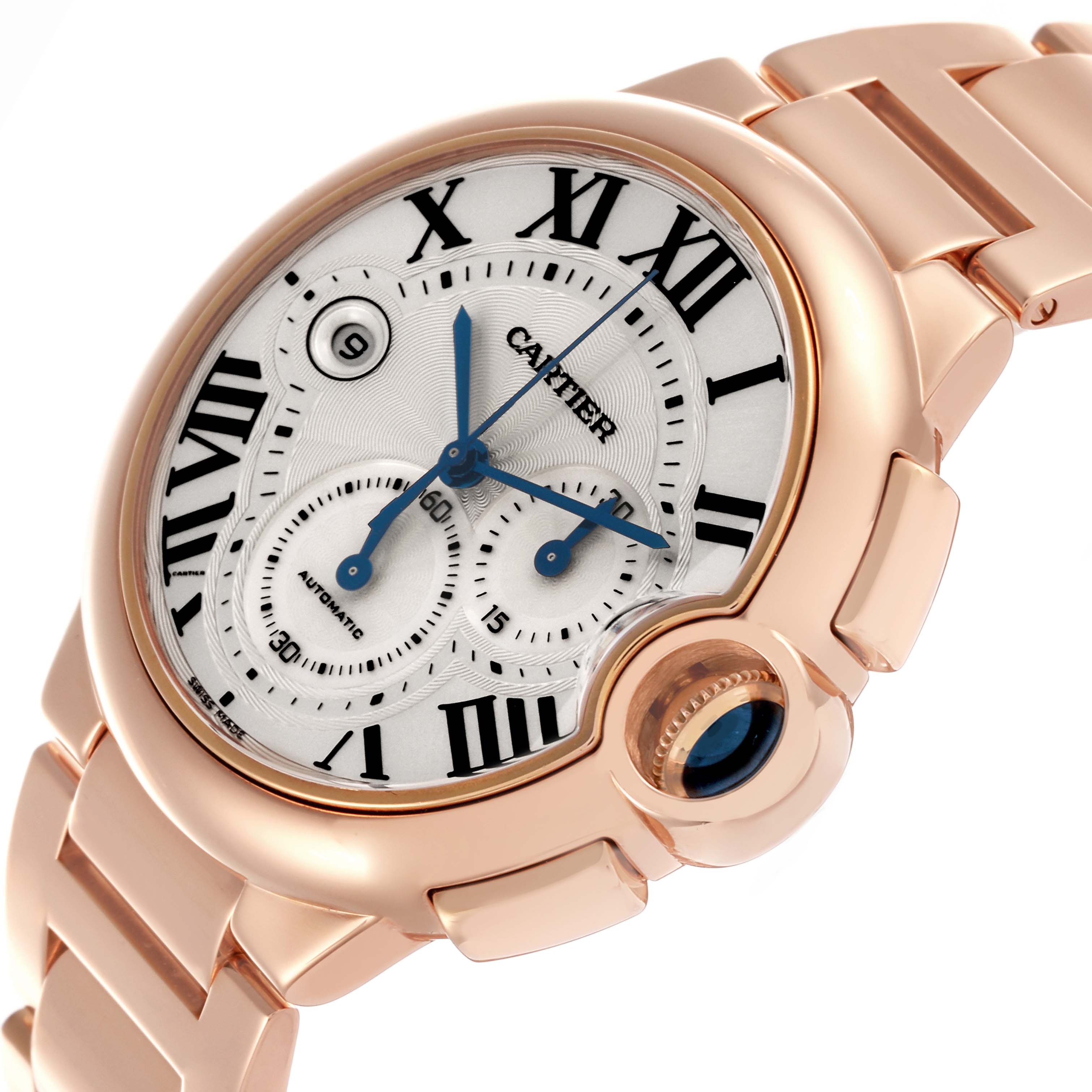 The Cartier Ballon Bleu W6920010 Men's Rose Gold Silver Dial W6920010 Men's Rose Gold Silver Dial watch is shown at a three-quarter angle, highlighting the face, roman numerals, hands, and crown detail.