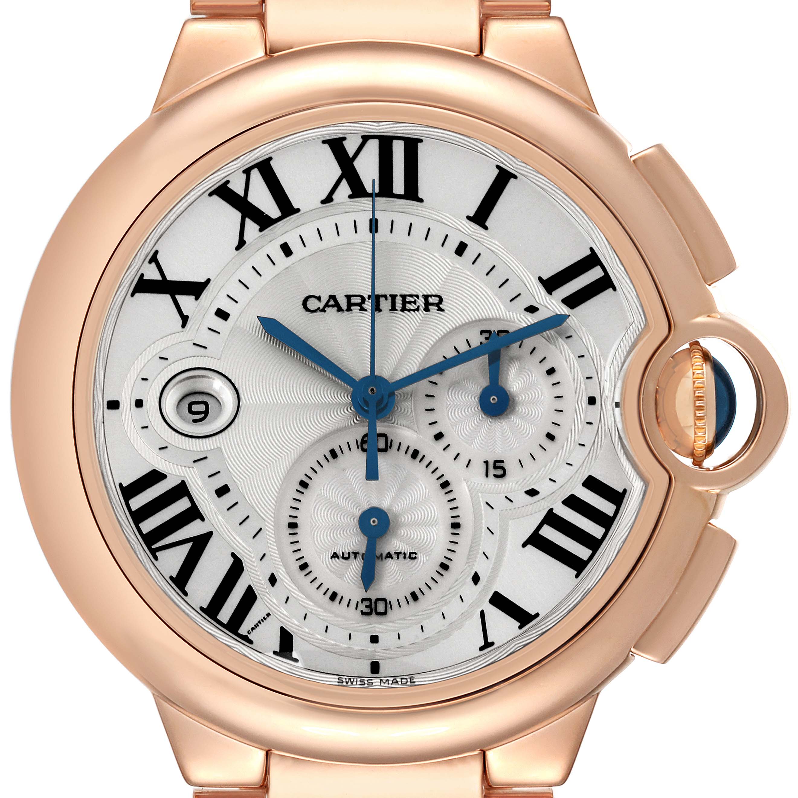 The Cartier Ballon Bleu W6920010 Men's Rose Gold Silver Dial W6920010 Men's Rose Gold Silver Dial watch is shown from a front angle, highlighting the face, Roman numerals, and crown detail.