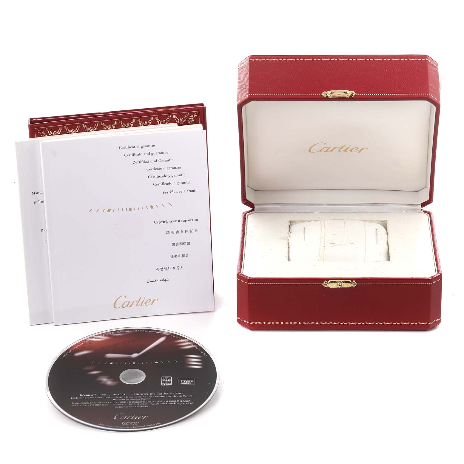 The image shows a Cartier Ballon Bleu W6920010 Men's Rose Gold Silver Dial W6920010 Men's Rose Gold Silver Dial watch box open, with manuals and a CD beside it.