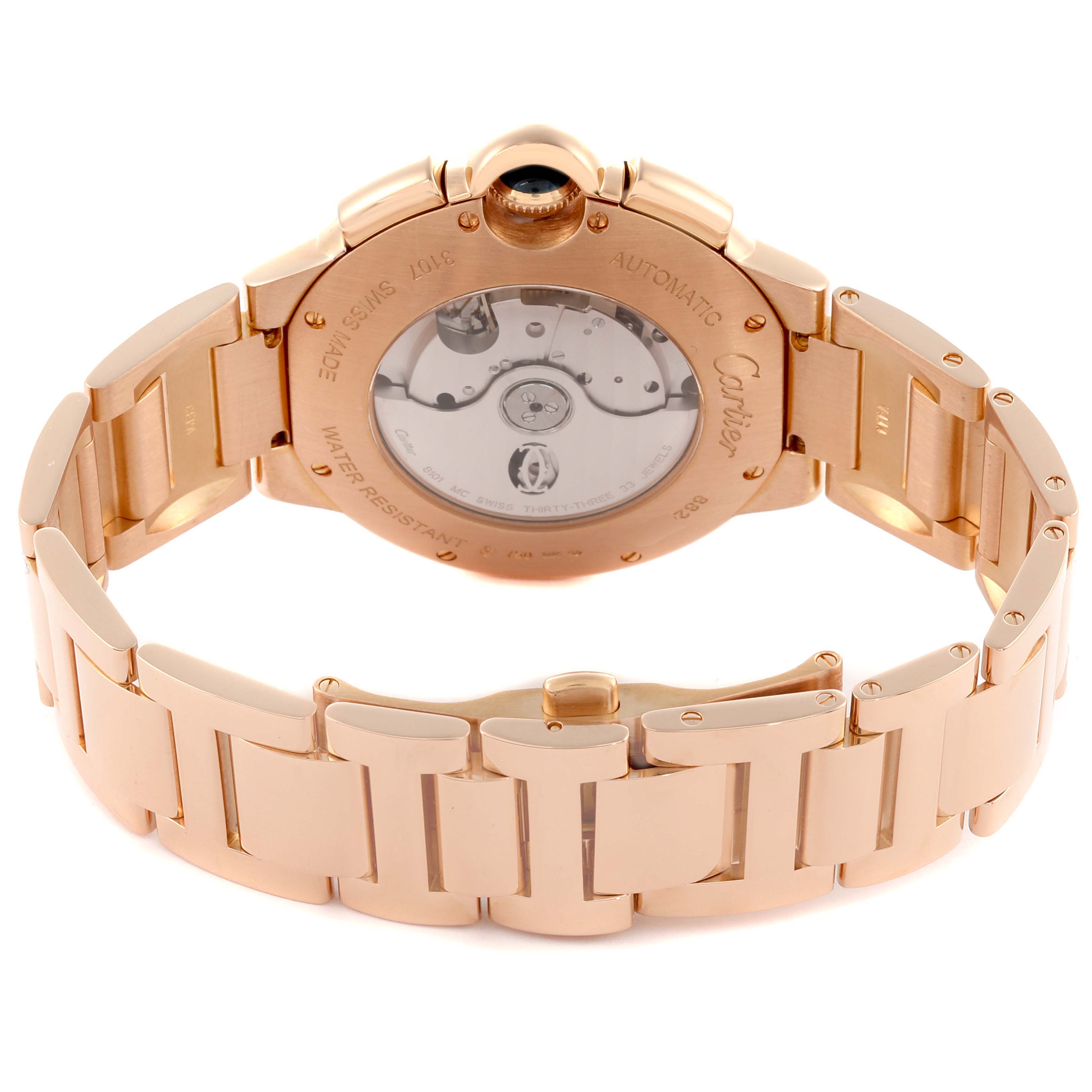 The Cartier Ballon Bleu W6920010 Men's Rose Gold Silver Dial W6920010 Men's Rose Gold Silver Dial is shown from the back, displaying the automatic movement and rose gold bracelet.
