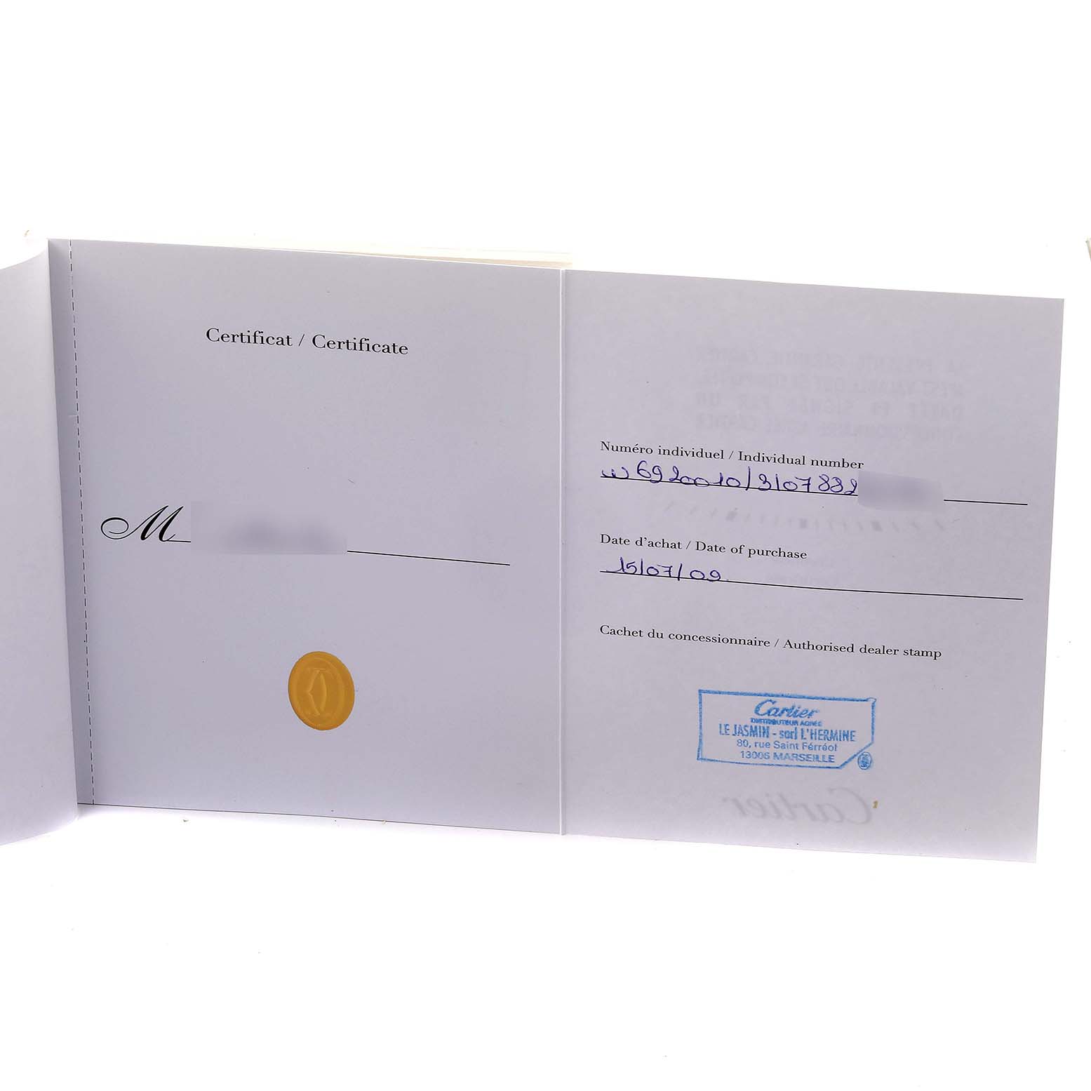 The image shows the certificate or warranty card for the Cartier Ballon Bleu W6920010 Men's Rose Gold Silver Dial W6920010 Men's Rose Gold Silver Dial model.