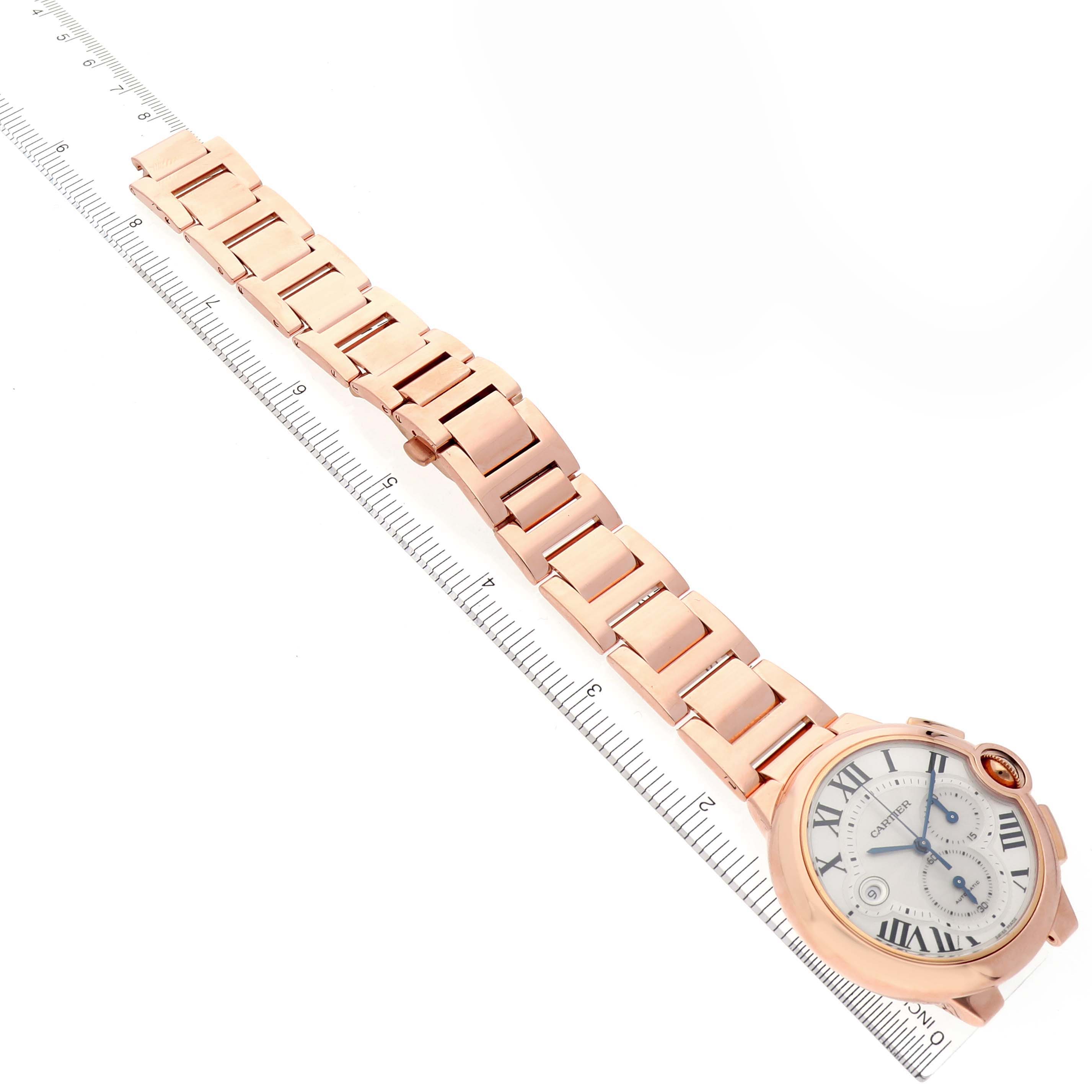 The Cartier Ballon Bleu W6920010 Men's Rose Gold Silver Dial W6920010 Men's Rose Gold Silver Dial watch is shown at an angle, displaying the full bracelet, face, and crown.