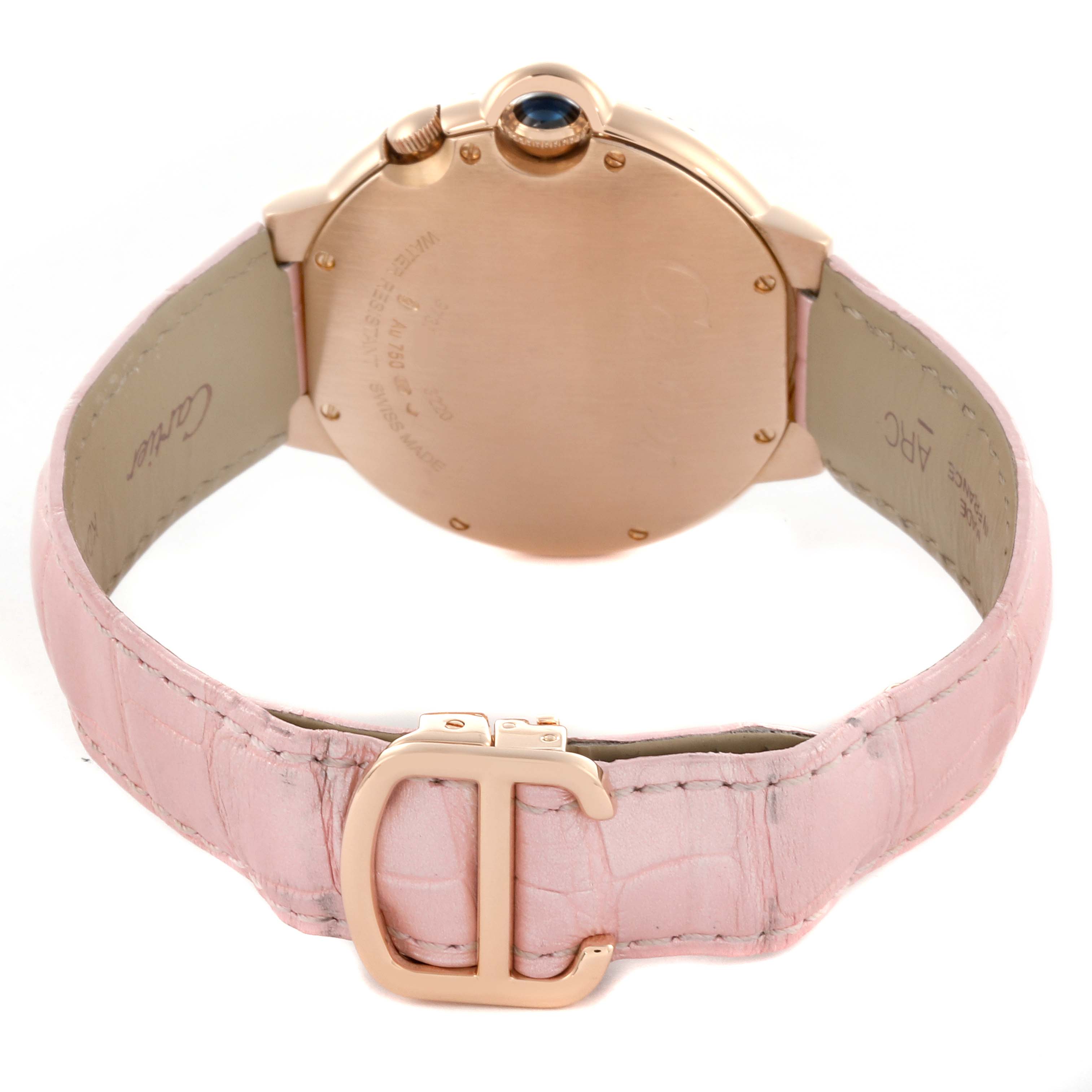 The image shows the back and side view of the Cartier Ballon Bleu WE902018 Women's Rose Gold Mother of Pearl Dial WE902018 Women's Rose Gold Mother of Pearl Dial watch with a pink strap.