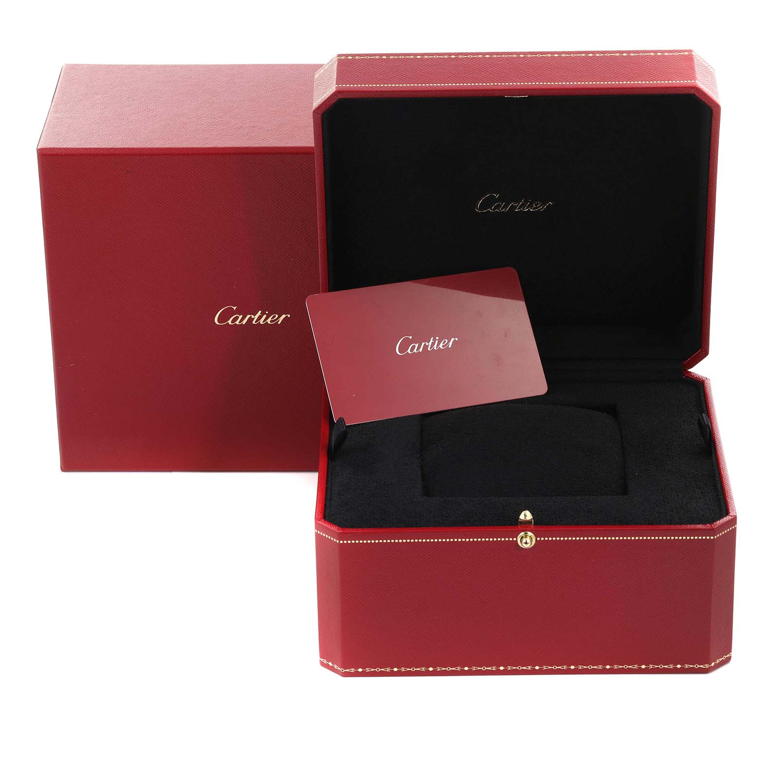 The image shows the open presentation box and card for the Cartier Ballon Bleu WE902018 Women's Rose Gold Mother of Pearl Dial WE902018 Women's Rose Gold Mother of Pearl Dial watch.