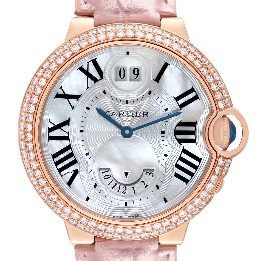 The Cartier Ballon Bleu is shown from the front, highlighting its round face, Roman numerals, and diamond-set bezel.