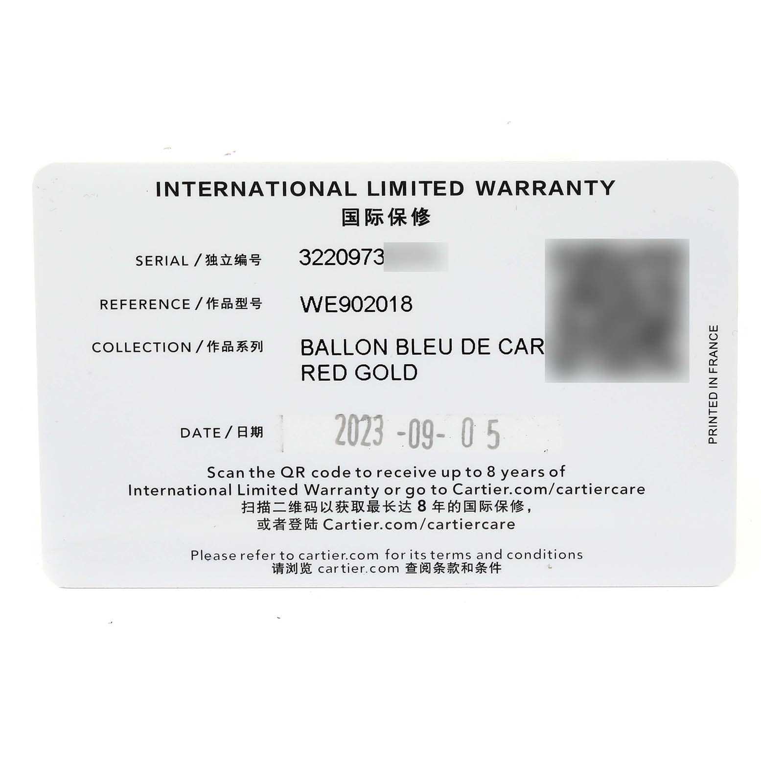 The image shows an International Limited Warranty card for a Cartier Ballon Bleu WE902018 Women's Rose Gold Mother of Pearl Dial WE902018 Women's Rose Gold Mother of Pearl Dial watch.
