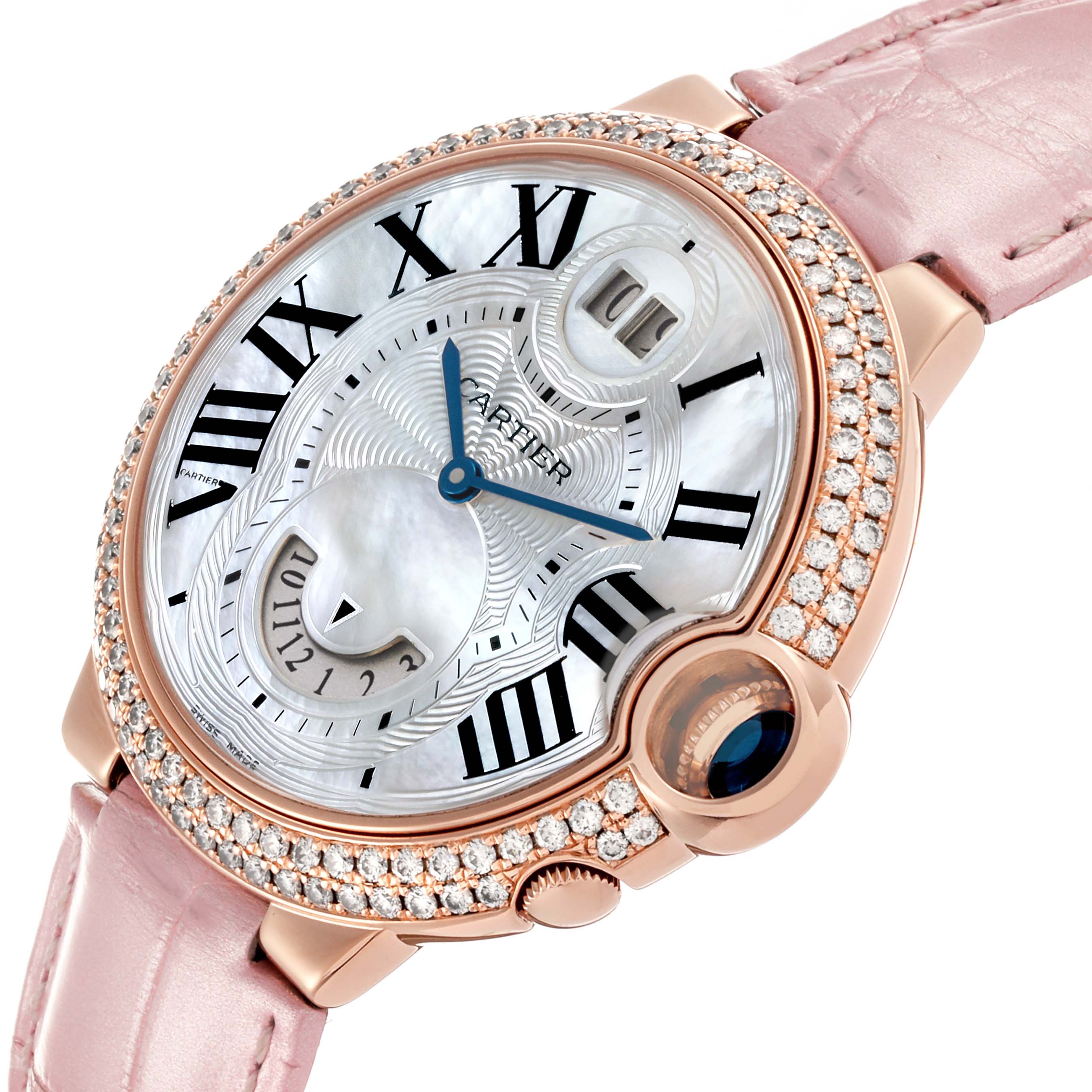 The Cartier Ballon Bleu WE902018 Women's Rose Gold Mother of Pearl Dial WE902018 Women's Rose Gold Mother of Pearl Dial watch is shown at an angle highlighting the face, Roman numerals, crown, and diamond bezel.