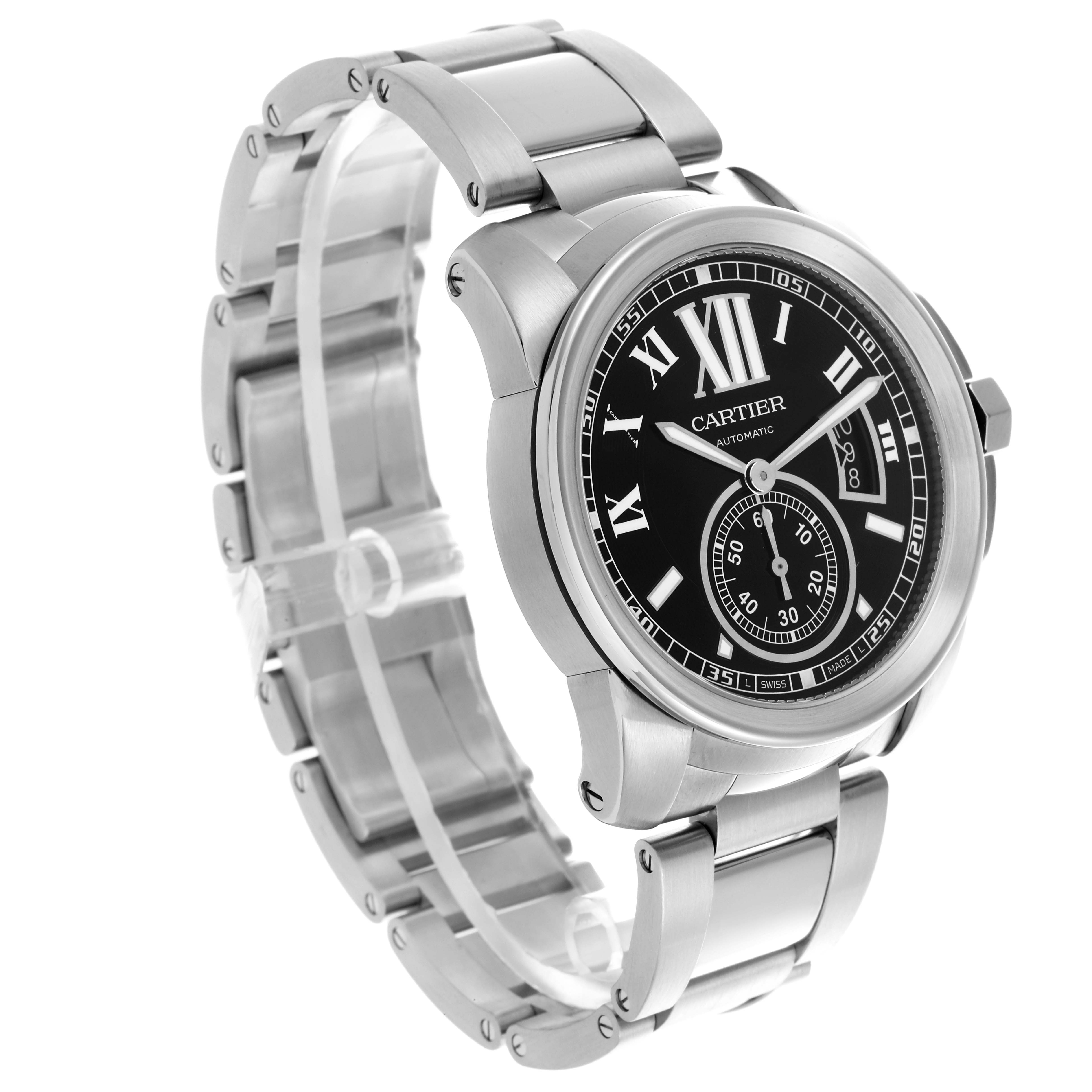The Calibre de Cartier watch is shown from a 3/4 angle, displaying its stainless steel bracelet and dial.