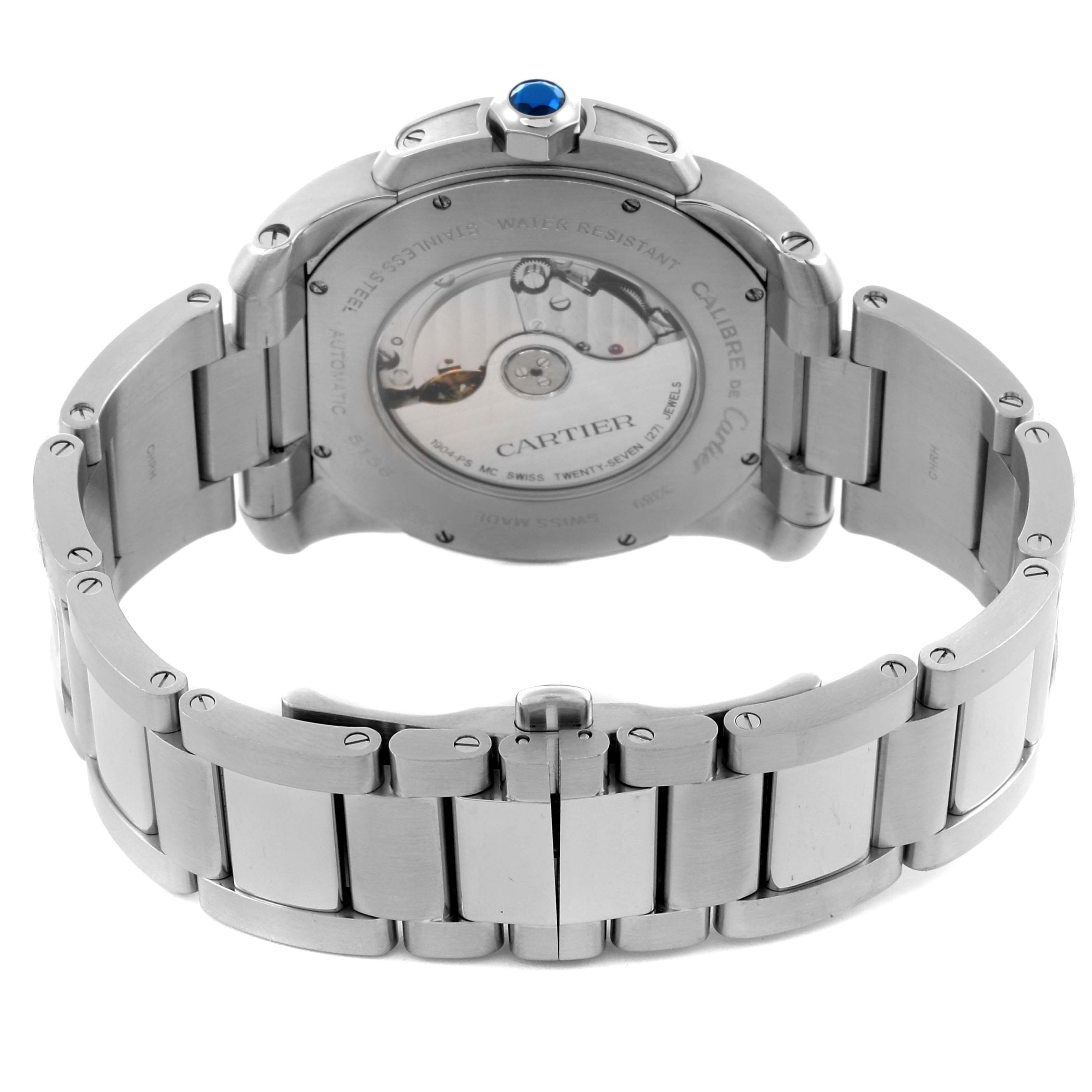 The image shows the back of the Calibre de Cartier watch, highlighting the transparent case back and metal bracelet.