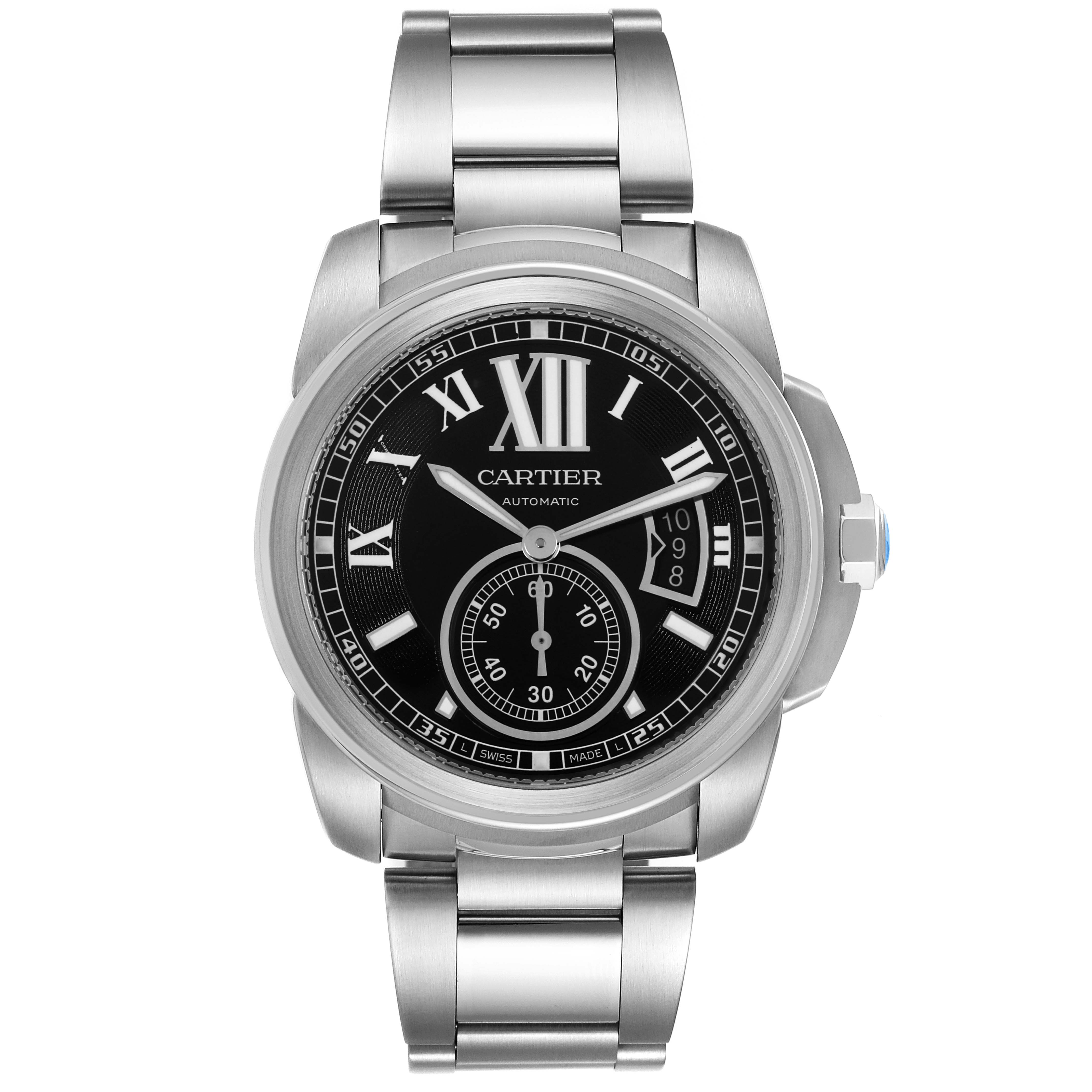 The Cartier Calibre de Cartier W7100016 Men's Stainless Steel Black Dial W7100016 Men's Stainless Steel Black Dial watch is shown from a front angle, highlighting the dial, bezel, and bracelet.