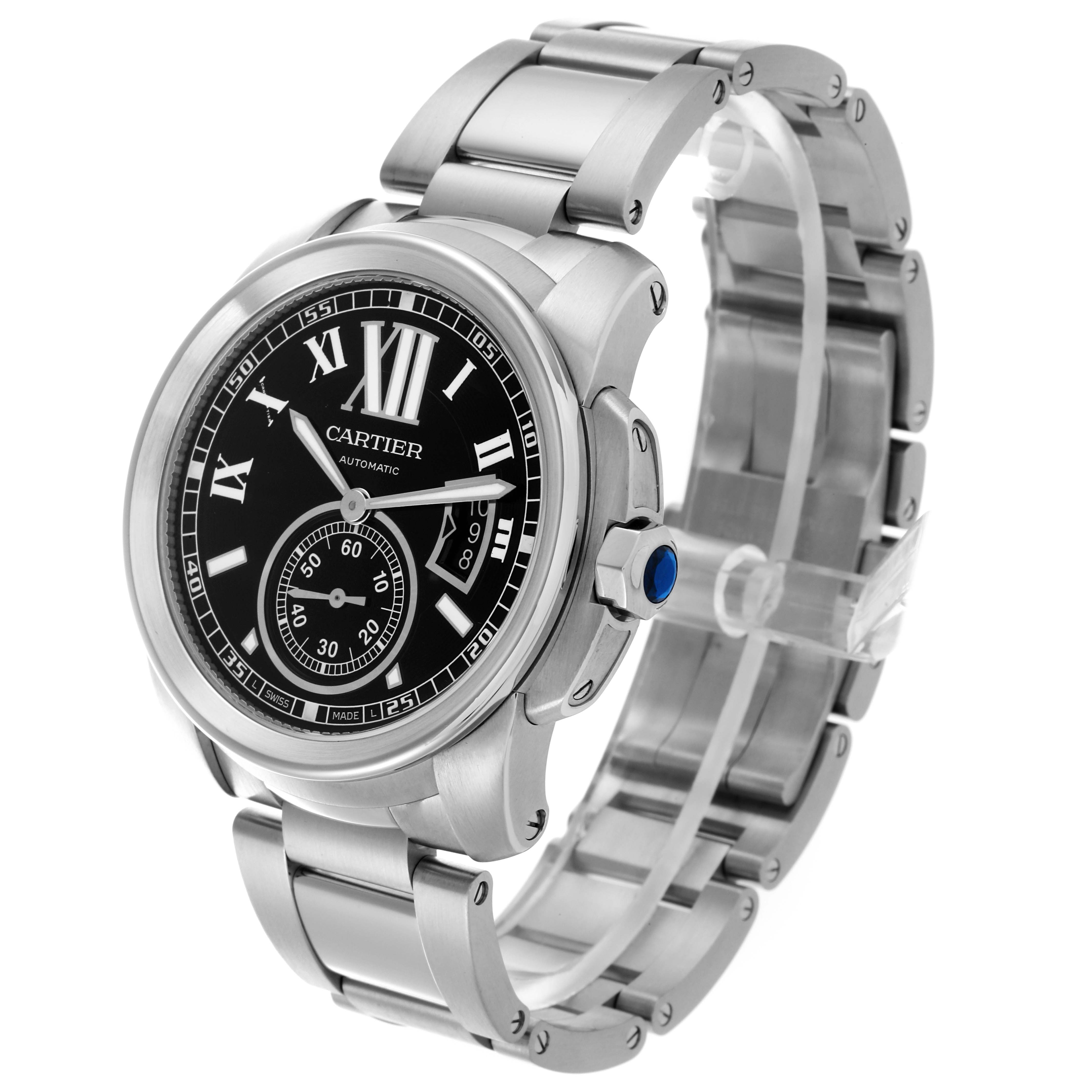 The image shows a side and front view of the Calibre de Cartier watch by Cartier, highlighting the dial, crown, and bracelet.