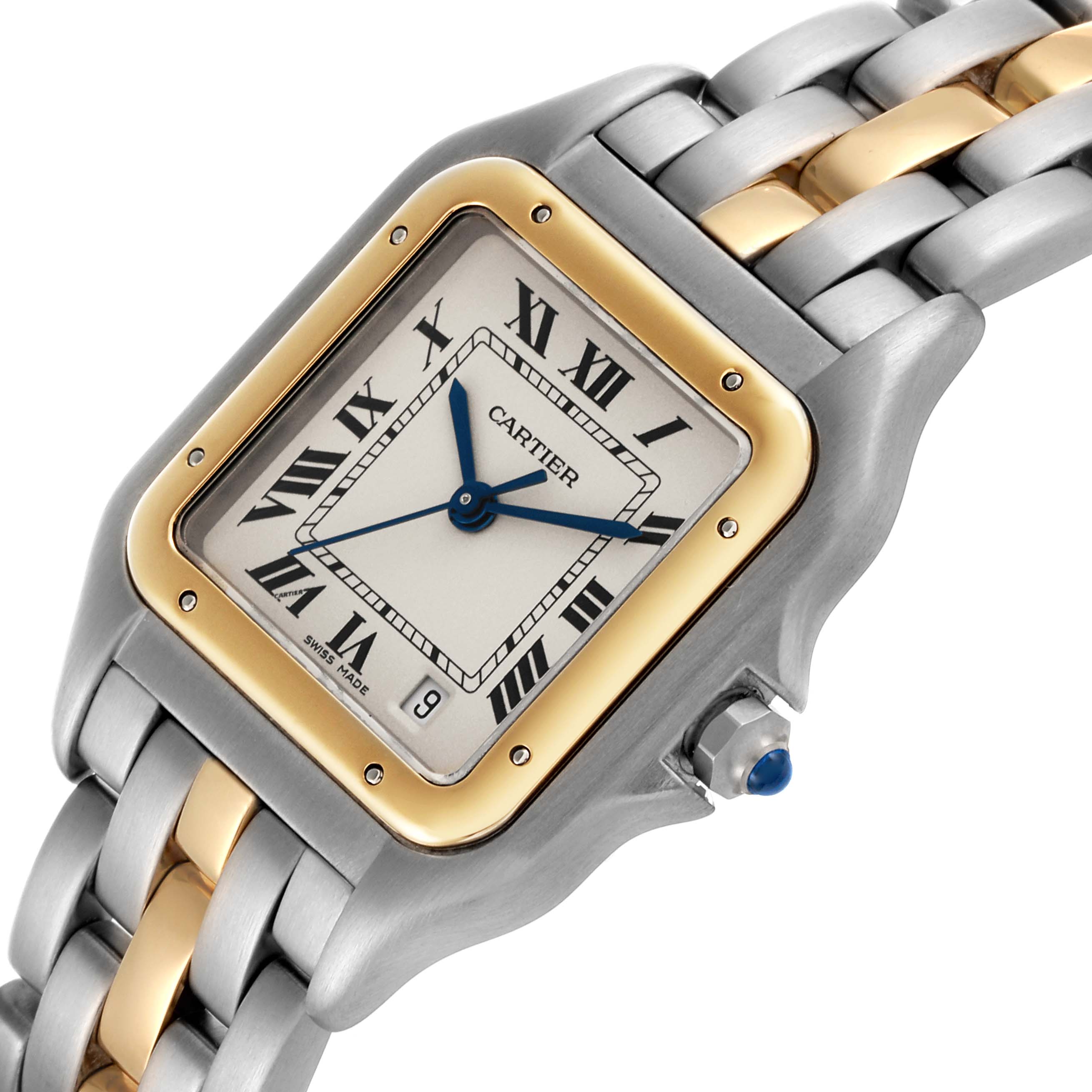 The Cartier Panthere W25028B5 Women's Steel and Gold (two tone) Silver Dial W25028B5 Women's Steel and Gold (two tone) Silver Dial watch is shown at an angled close-up, highlighting the face, bezel, crown, and part of the bracelet.