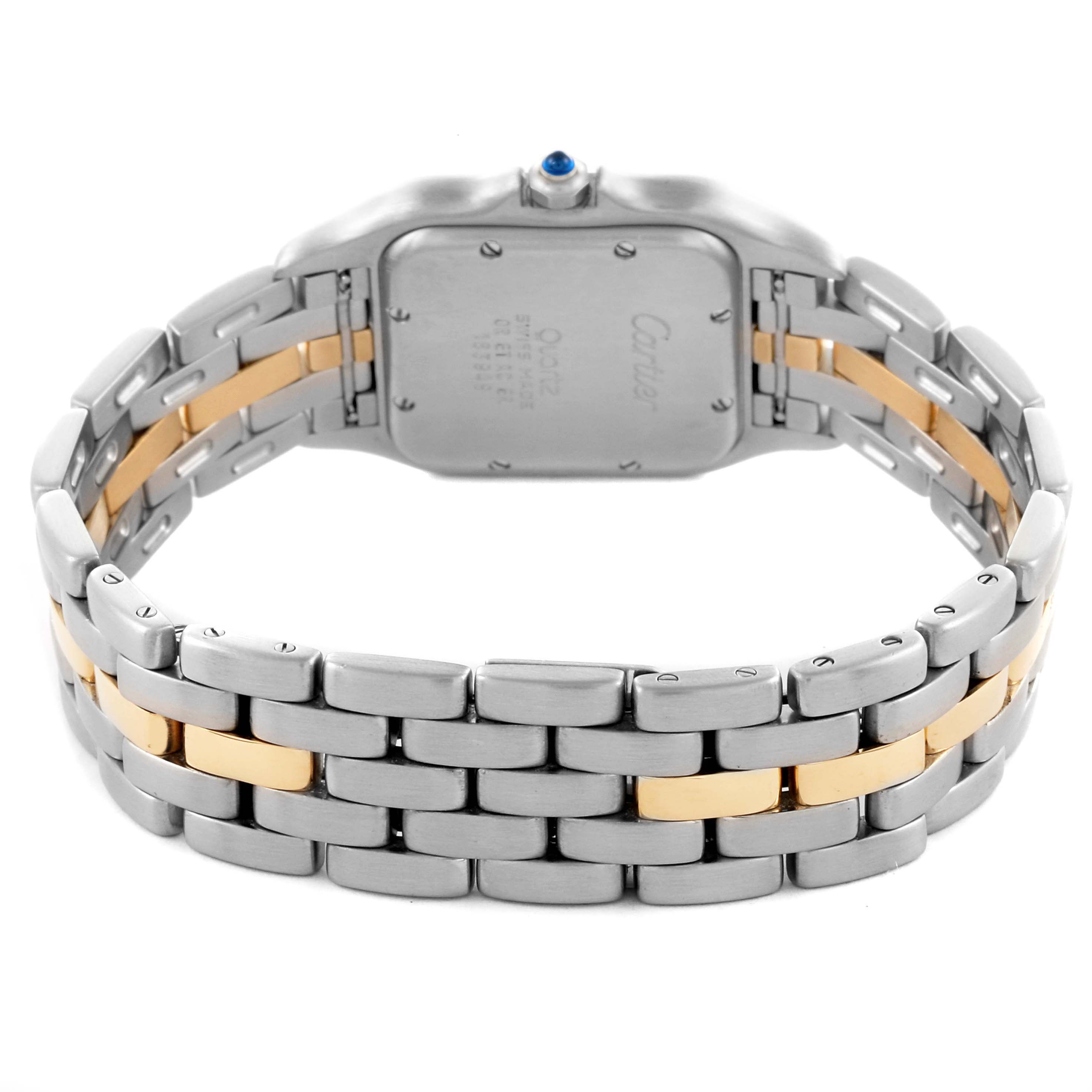 The image shows the back case and clasp of a Cartier Panthere W25028B5 Women's Steel and Gold (two tone) Silver Dial W25028B5 Women's Steel and Gold (two tone) Silver Dial watch with a two-tone metal bracelet.