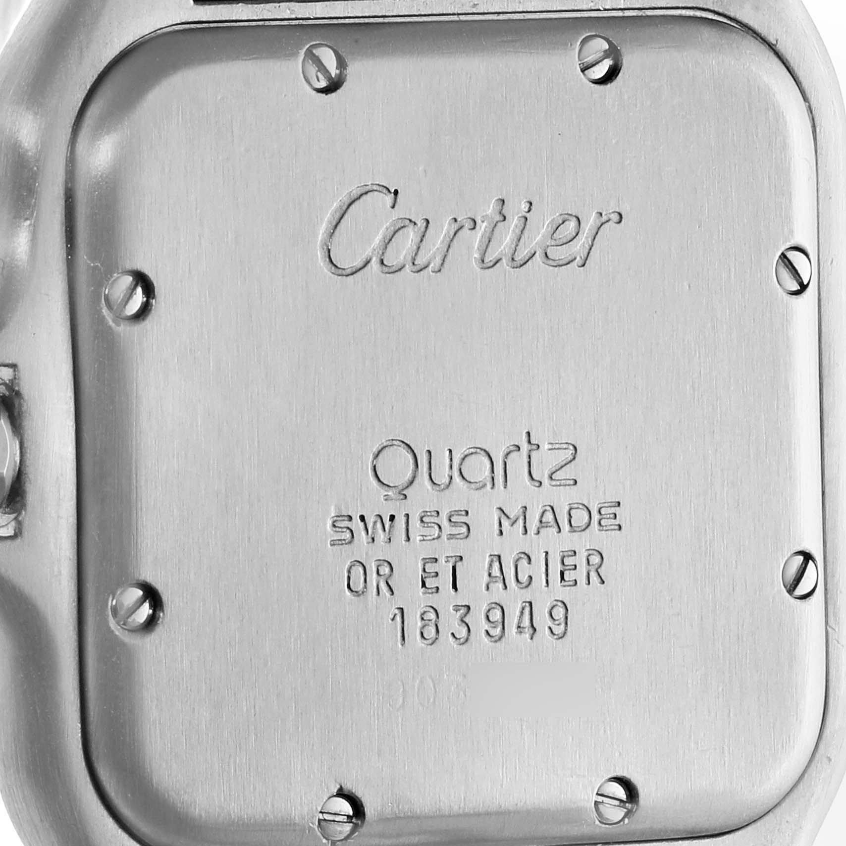 The image shows the back plate of the Cartier Panthère watch, highlighting its engravings and screws.