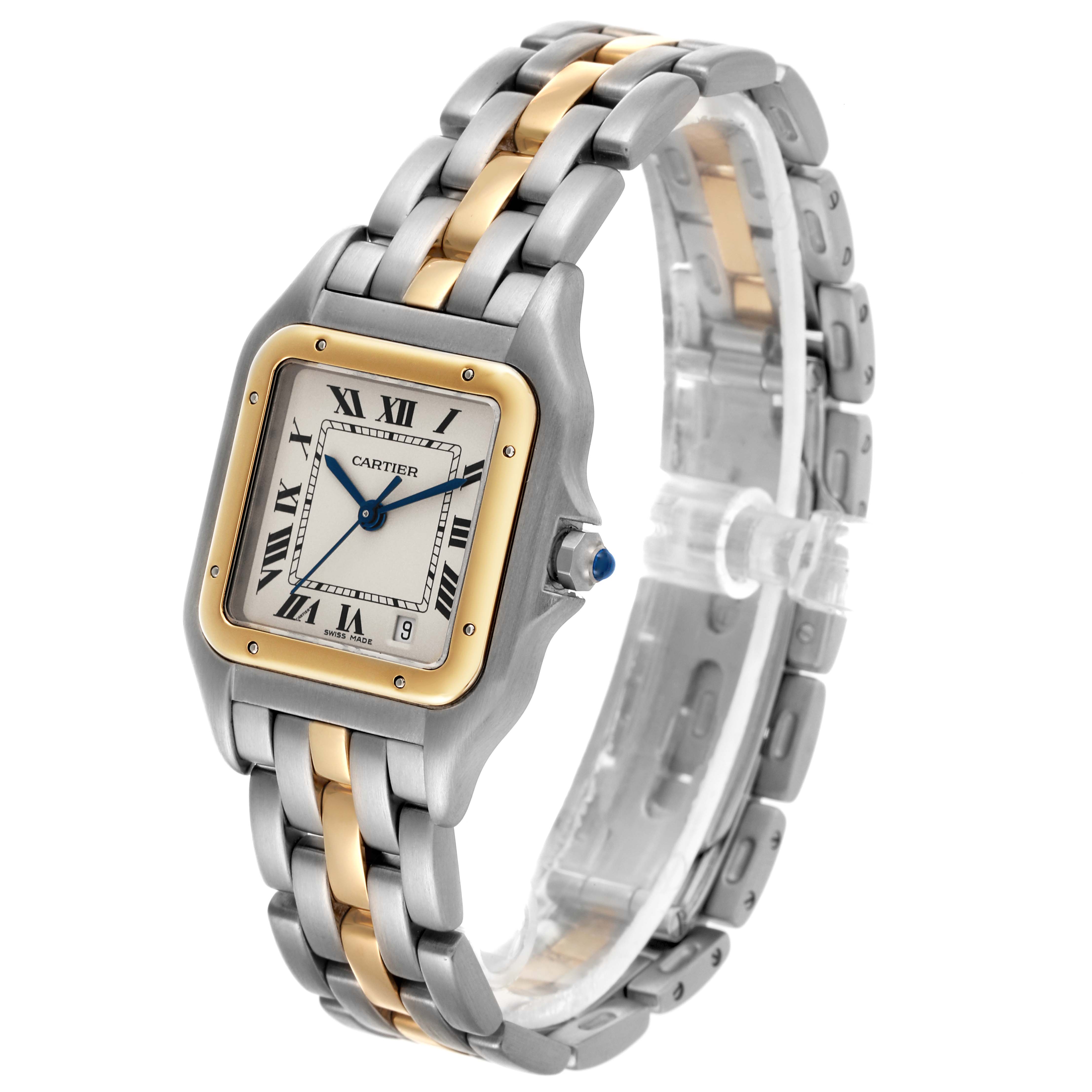 The Cartier Panthere W25028B5 Women's Steel and Gold (two tone) Silver Dial W25028B5 Women's Steel and Gold (two tone) Silver Dial watch is shown at a three-quarter angle, displaying its face, bracelet, and crown.