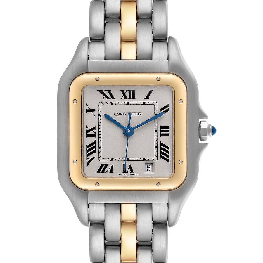 The image shows a front view of the Cartier Panthère watch, highlighting the two-tone metal bracelet and square face.