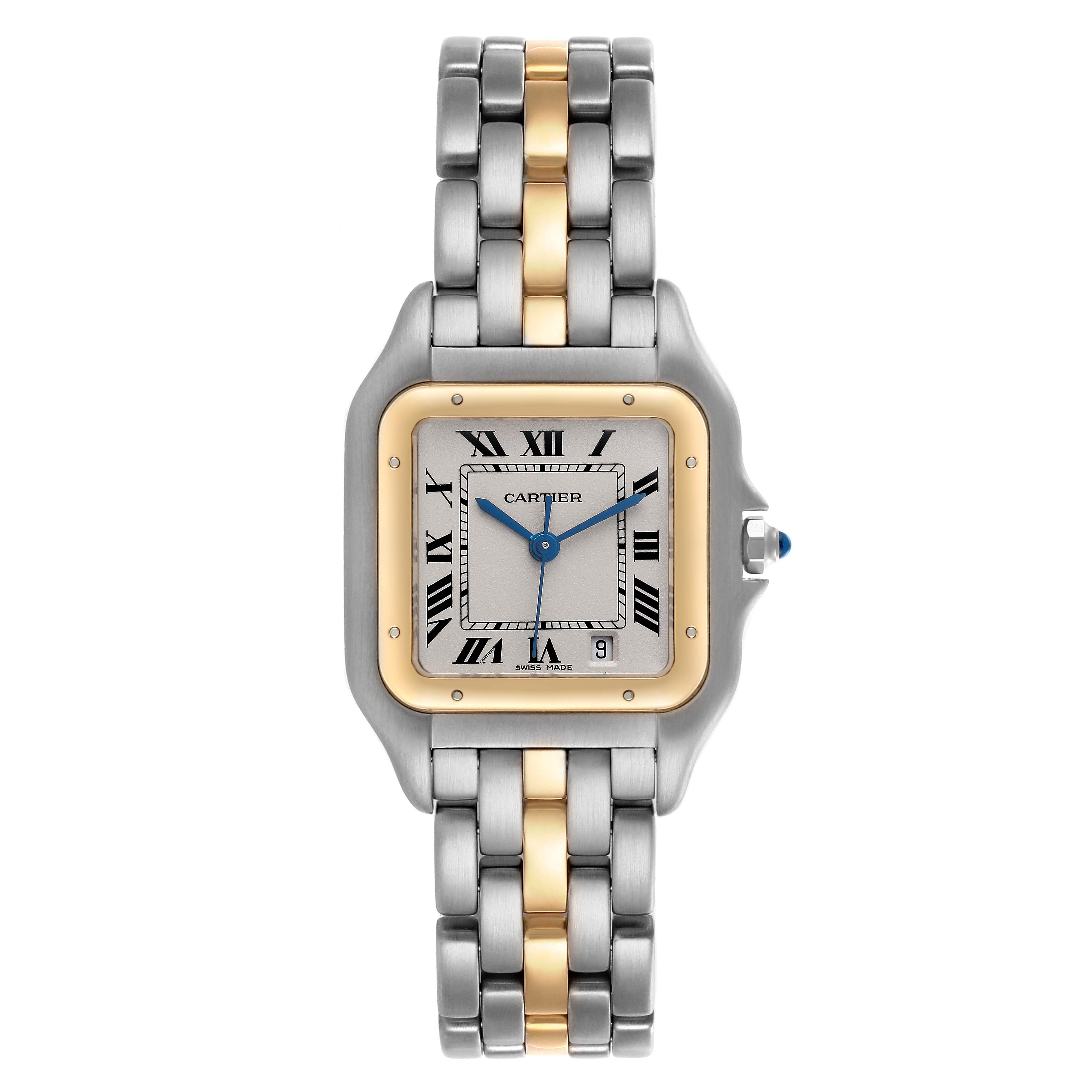 The Cartier Panthere W25028B5 Women's Steel and Gold (two tone) Silver Dial W25028B5 Women's Steel and Gold (two tone) Silver Dial watch is shown front-facing, highlighting its dual-tone bracelet and square face.