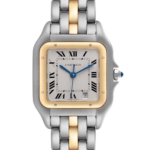 The Cartier Panthère watch is shown from a front angle, highlighting the two-tone bracelet and square face with Roman numerals.